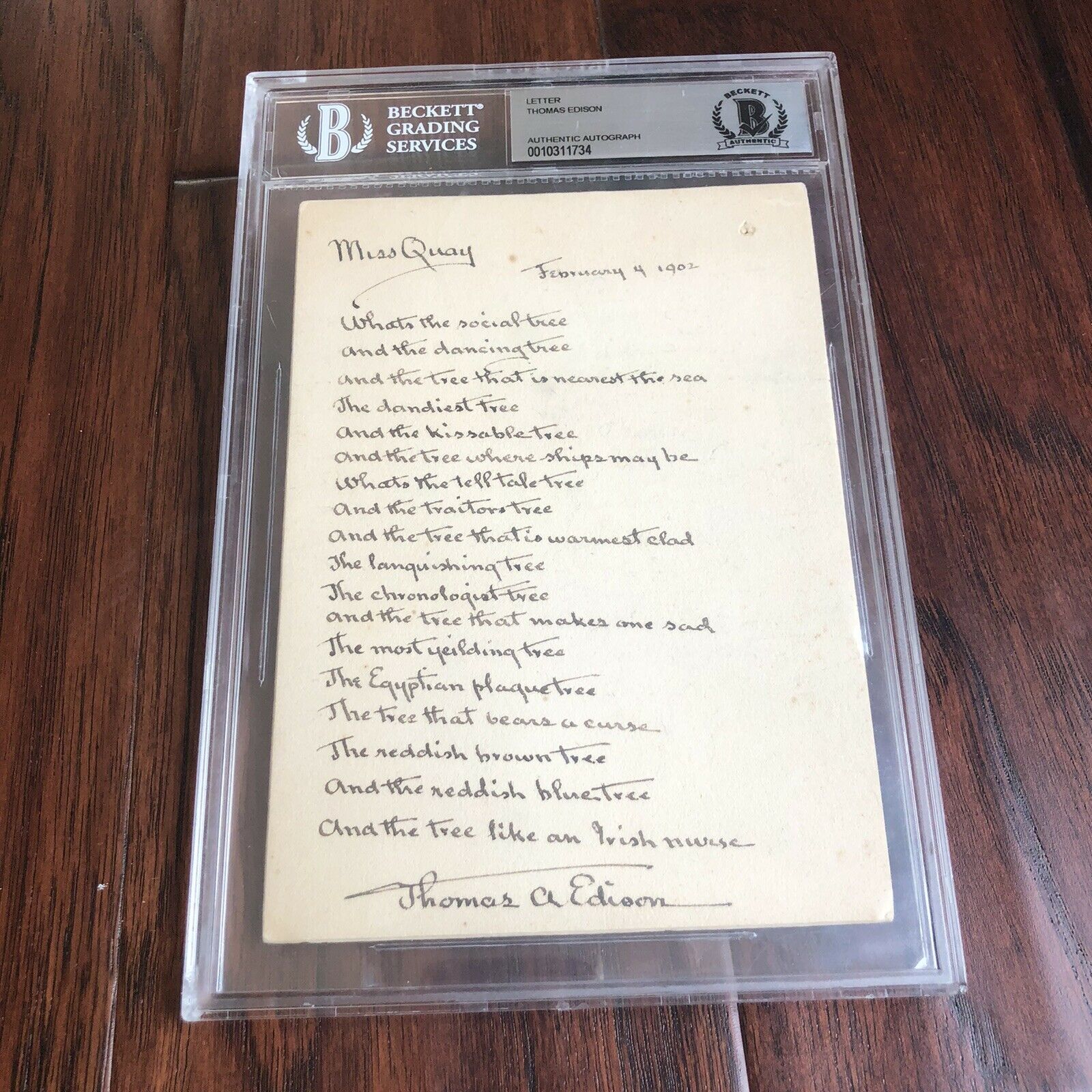 THOMAS EDISON * BAS Beckett Slabbed Autograph * Lengthy Handwritten Poem Signed