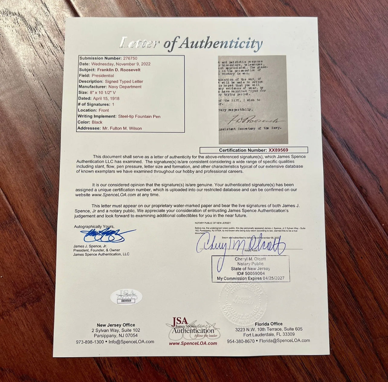 FRANKLIN D. ROOSEVELT * JSA * Autograph Signed Letter for Binoculars Used in WWI