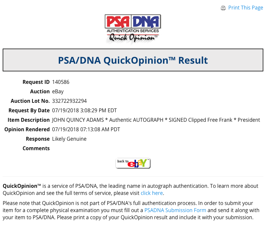 JOHN QUINCY ADAMS * PSA/DNA * Authentic AUTOGRAPH * SIGNED Clipped Free Frank