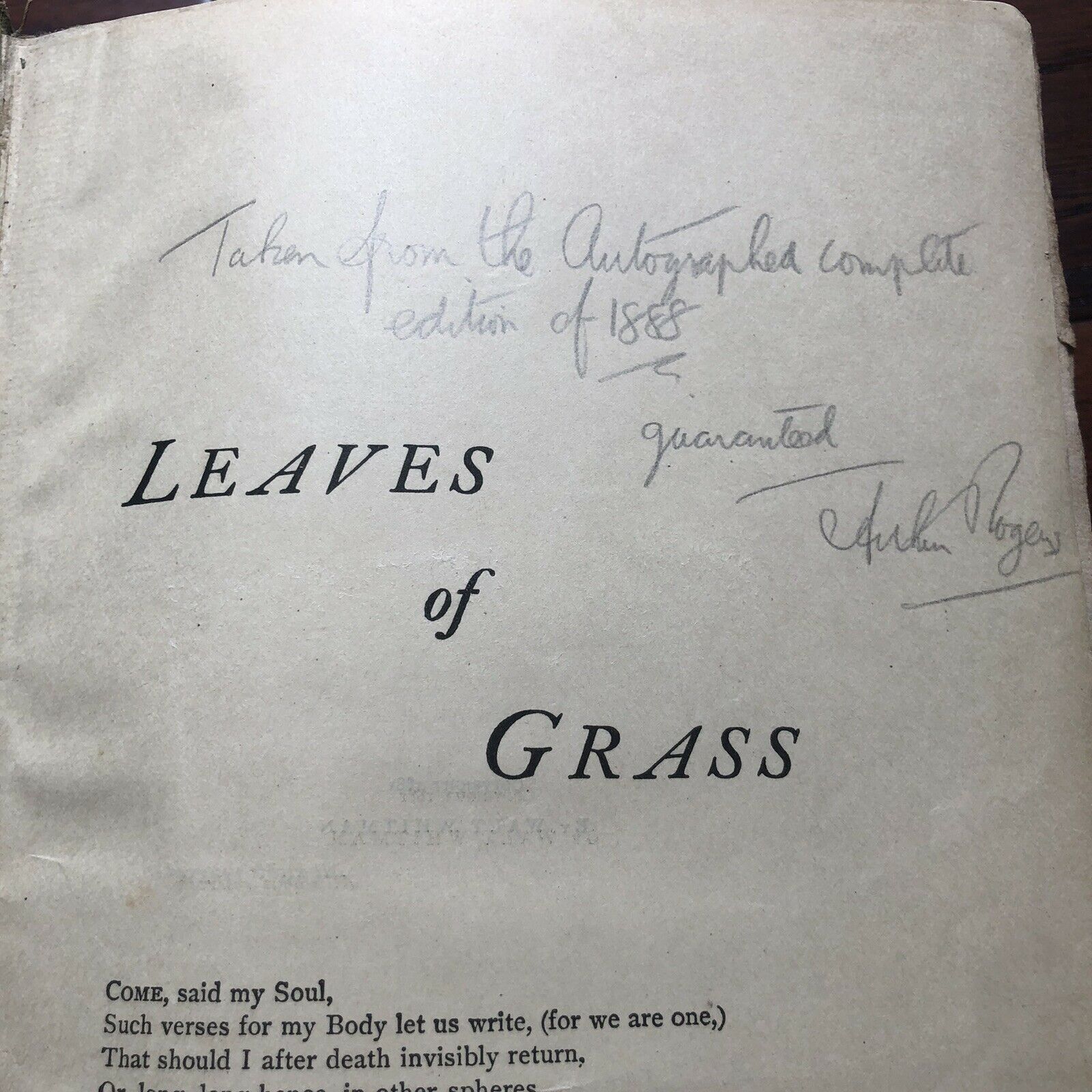 WALT WHITMAN * JSA LOA * Leaves Of Grass Autograph Book Signed