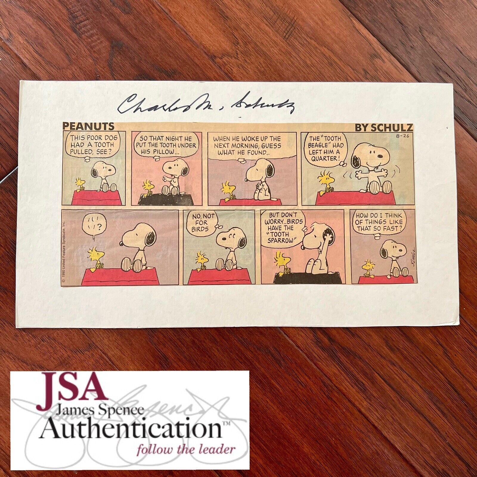 CHARLES SCHULZ * JSA LOA * Hand Signed Snoopy Peanuts Comic Strip Autograph