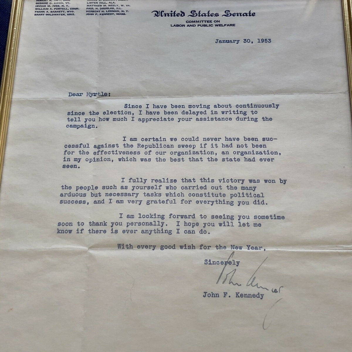 JOHN F KENNEDY * JSA LOA * Authentic Senate Autograph Letter Signed * JFK