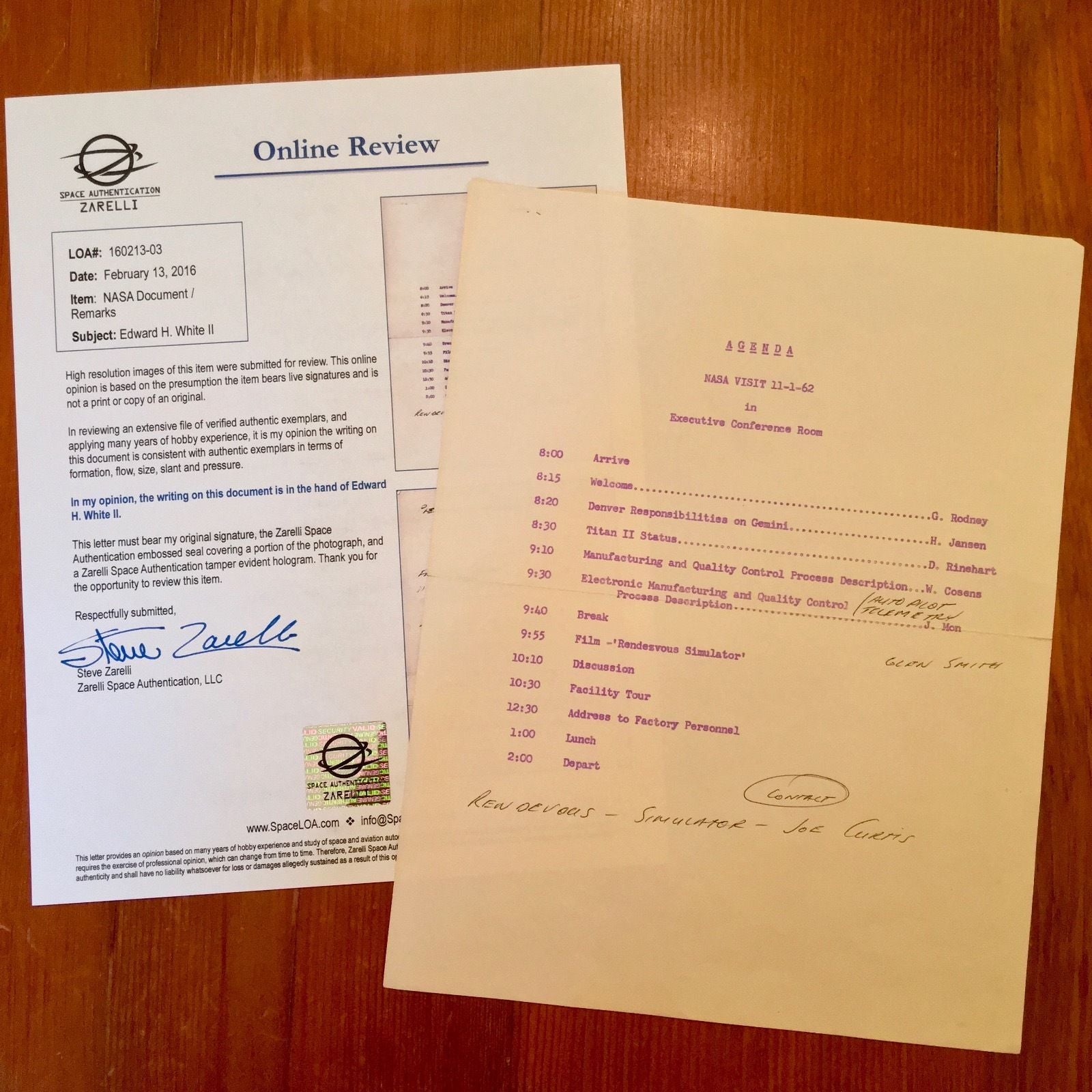 EDWARD H. WHITE II * NASA ORIENTATION PAPERS + SPEECH * AUTOGRAPH COA * APOLLO 1