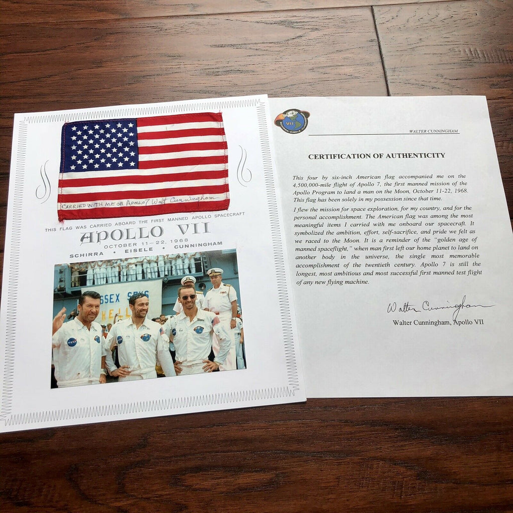APOLLO 7 * Walt Cunningham Personal Collection Signed FLOWN US Flag * Autograph