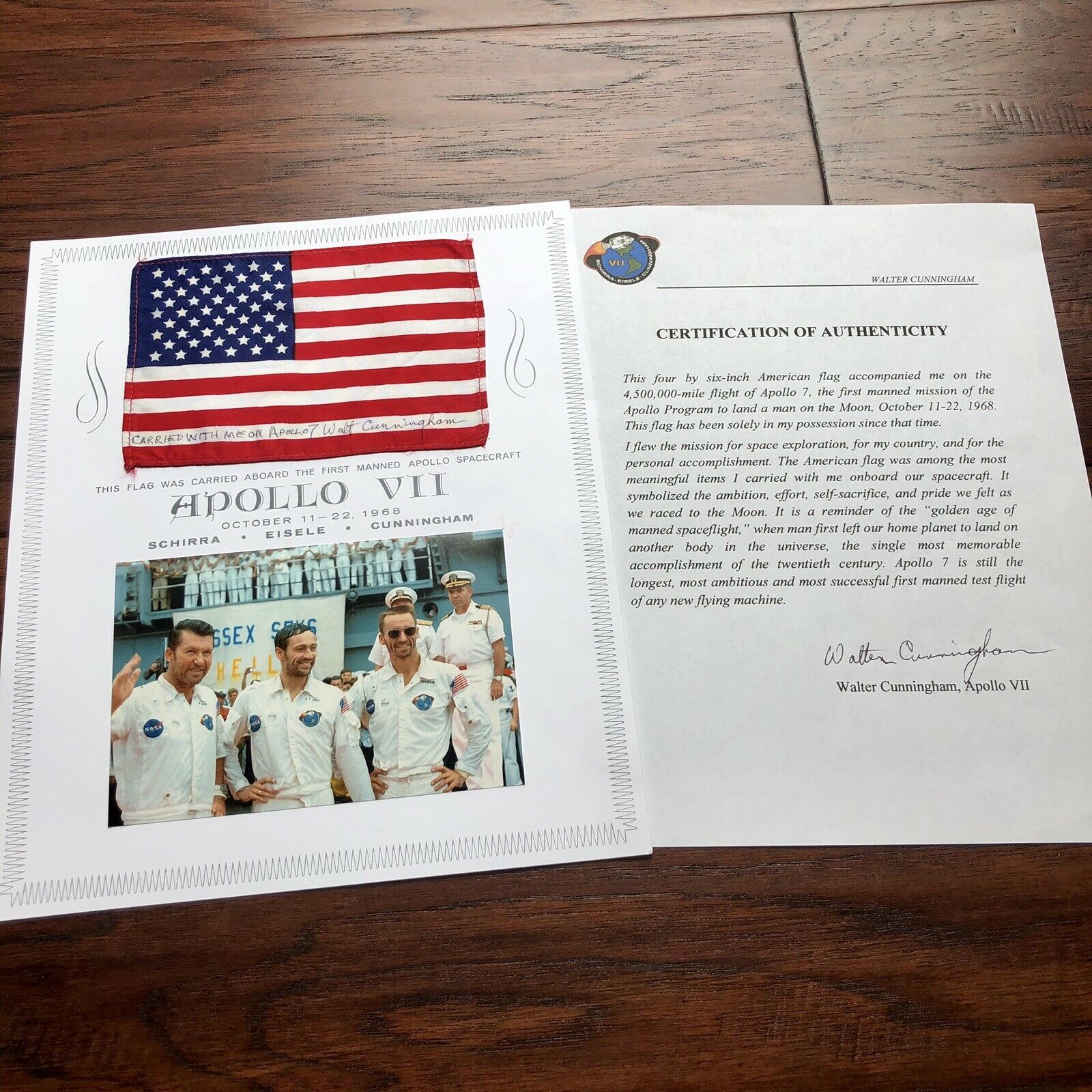 APOLLO 7 * Walt Cunningham Personal Collection Signed FLOWN US Flag * Autograph