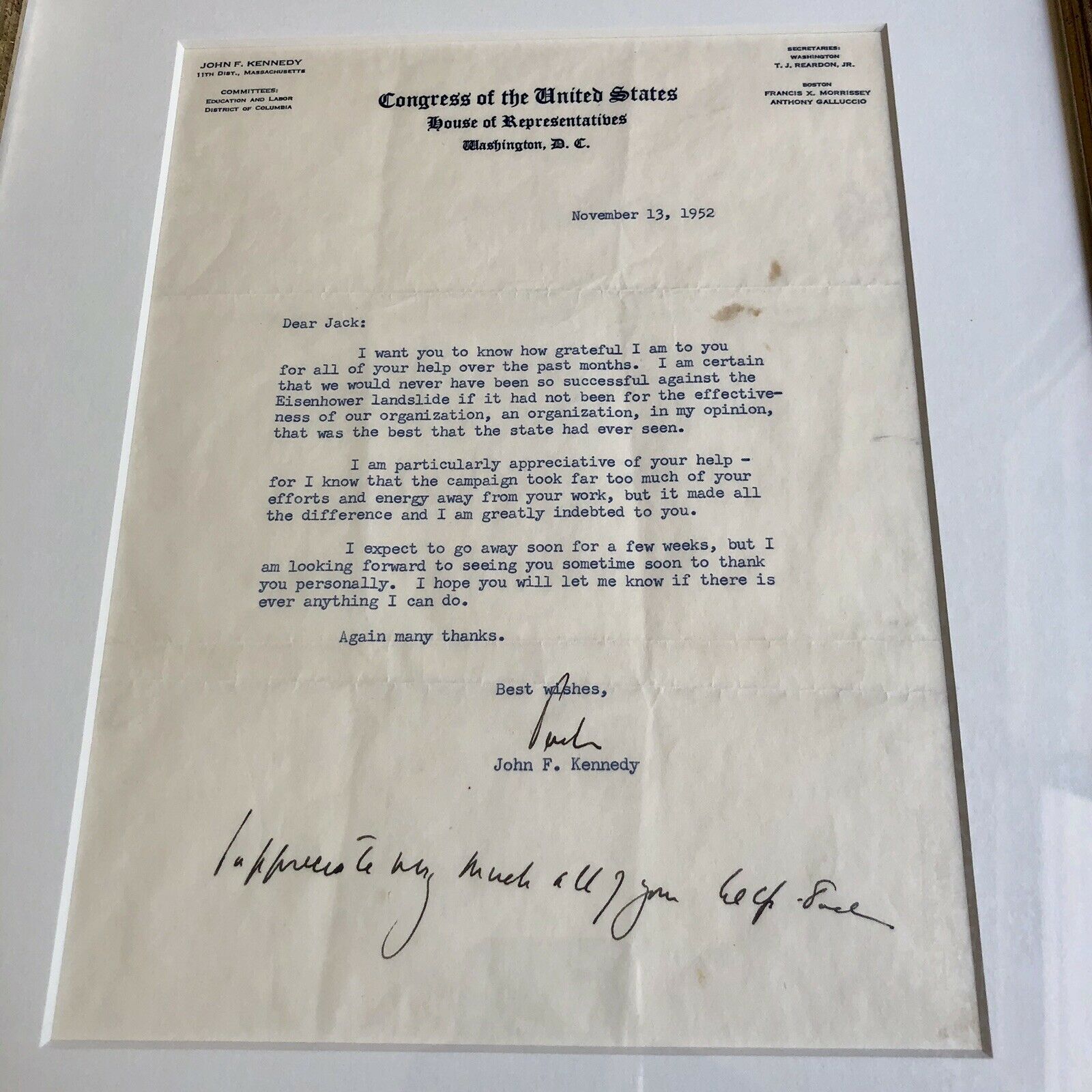JOHN F. KENNEDY * JSA LOA * Twice 2x Signed Letter With Handwritten Postscript