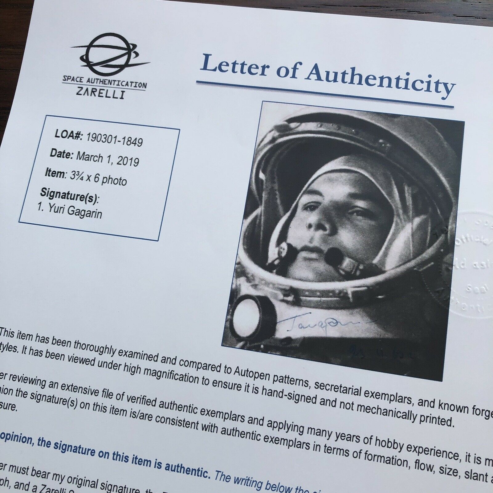 YURI GAGARIN * ZARELLI LOA * Autograph SPACE SUIT PORTRAIT Signed Photo * Vostok