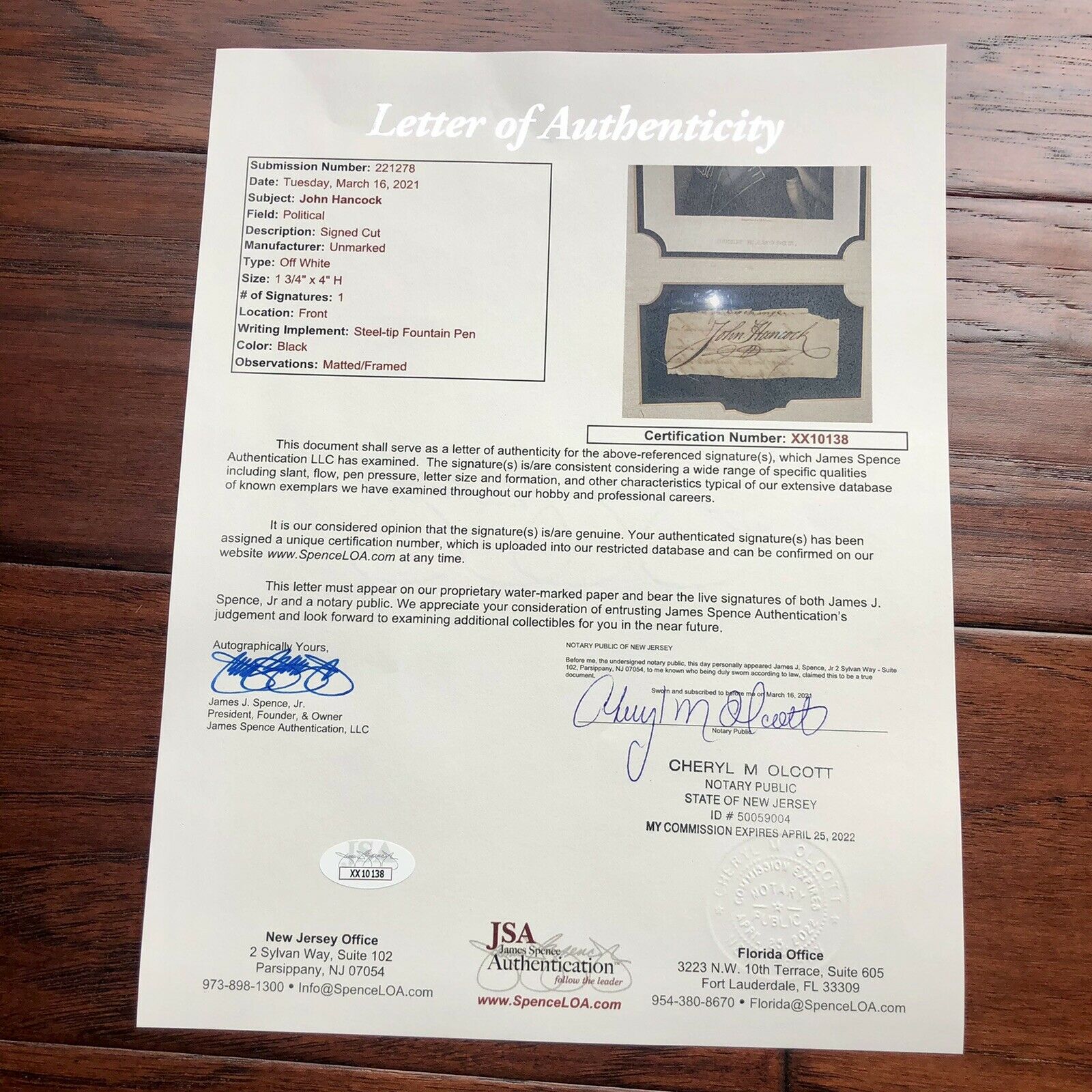 JOHN HANCOCK * JSA LOA * Autograph Cut Signature Signed Re: "George Washington"