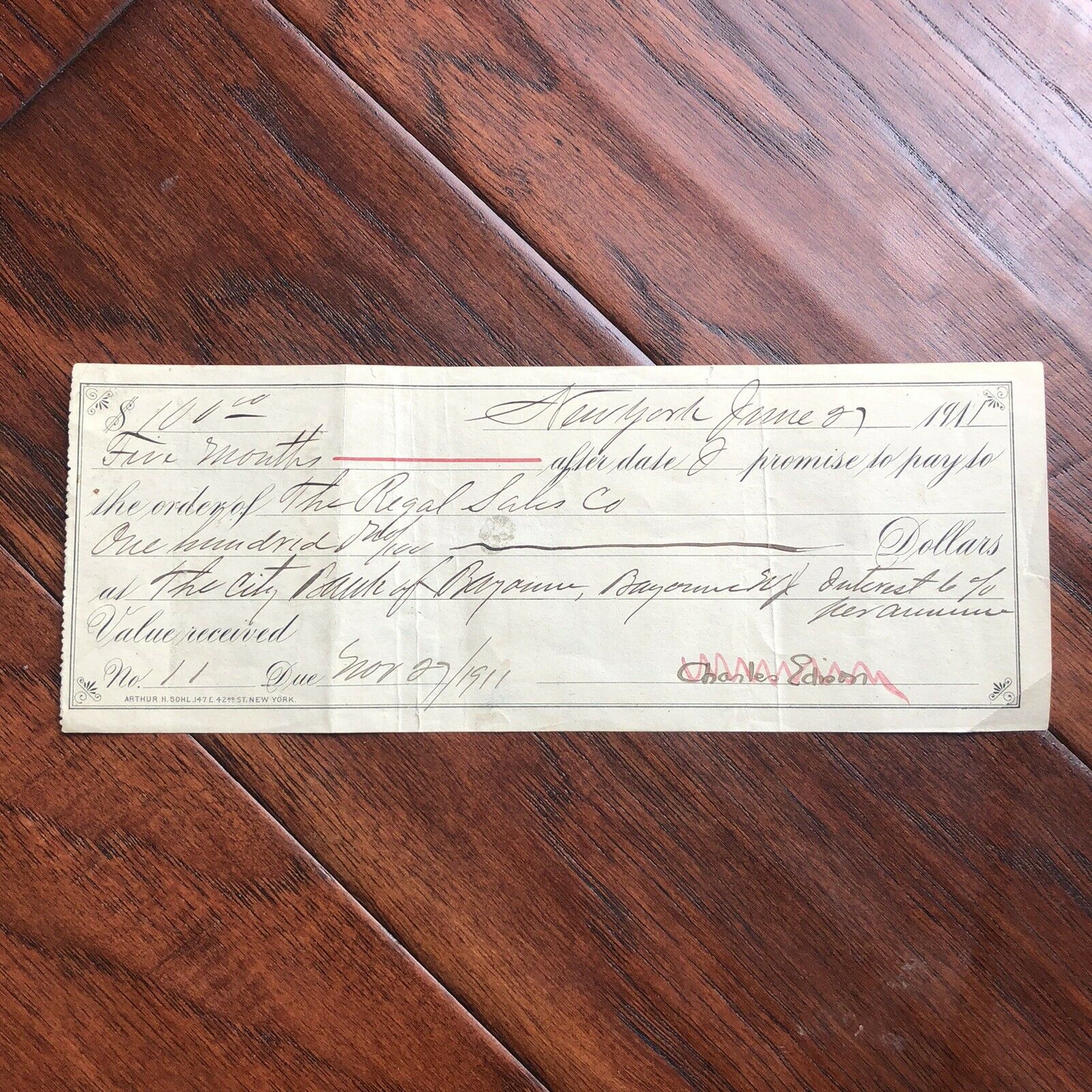 THOMAS EDISON * JSA LOA * Signed Promissory Check Autograph * Umbrella Signature