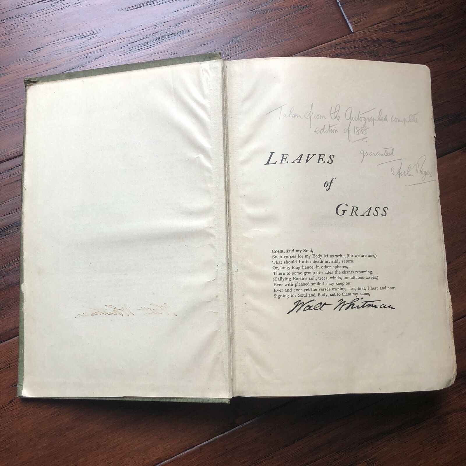 WALT WHITMAN * JSA LOA * Leaves Of Grass Autograph Book Signed