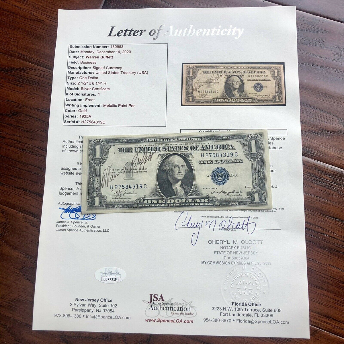 WARREN BUFFETT * JSA LOA * Hand Signed Silver Certificate Dollar Bill Autograph