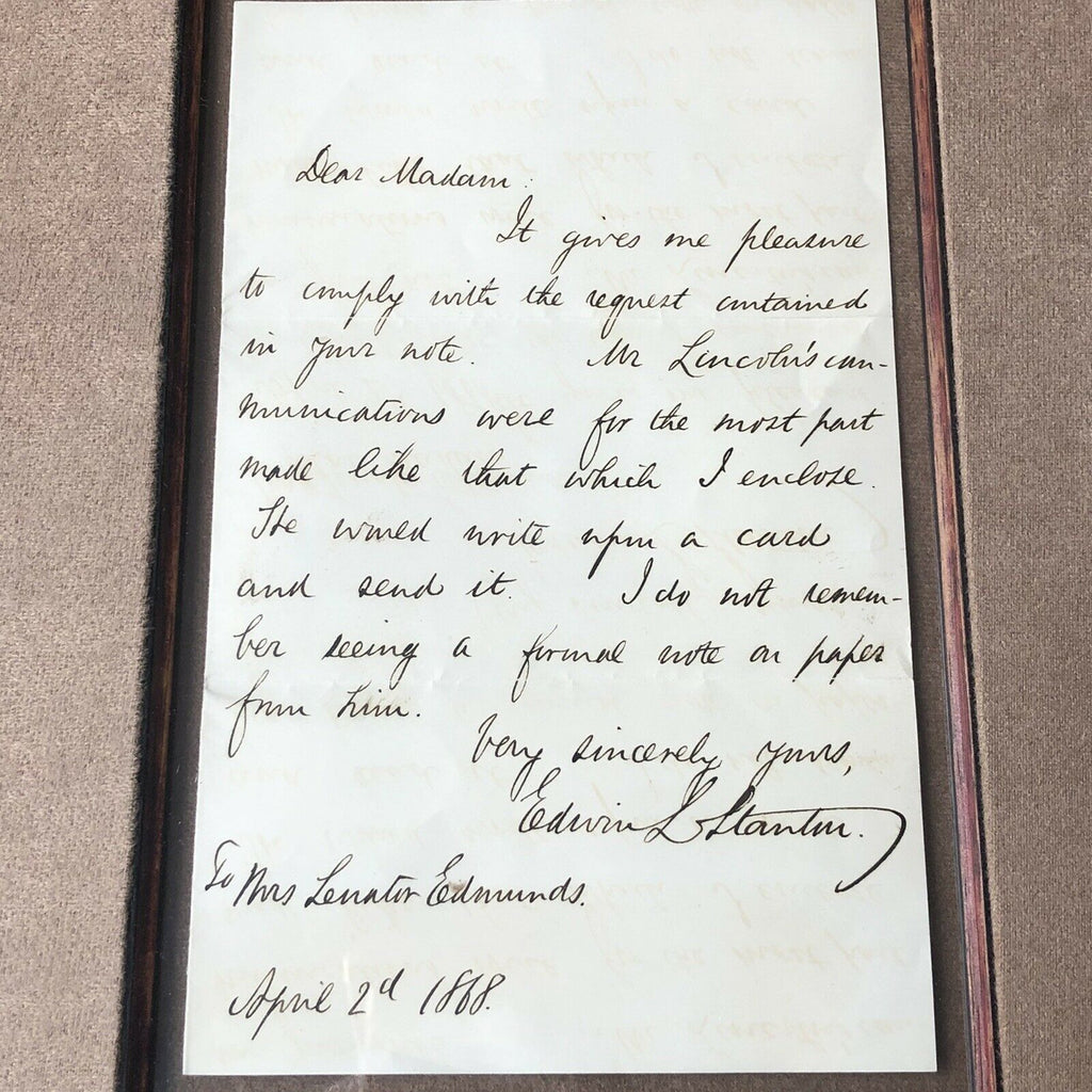 ABRAHAM LINCOLN * BAS 10 * Autograph Card Signed From EDWIN STANTON Collection