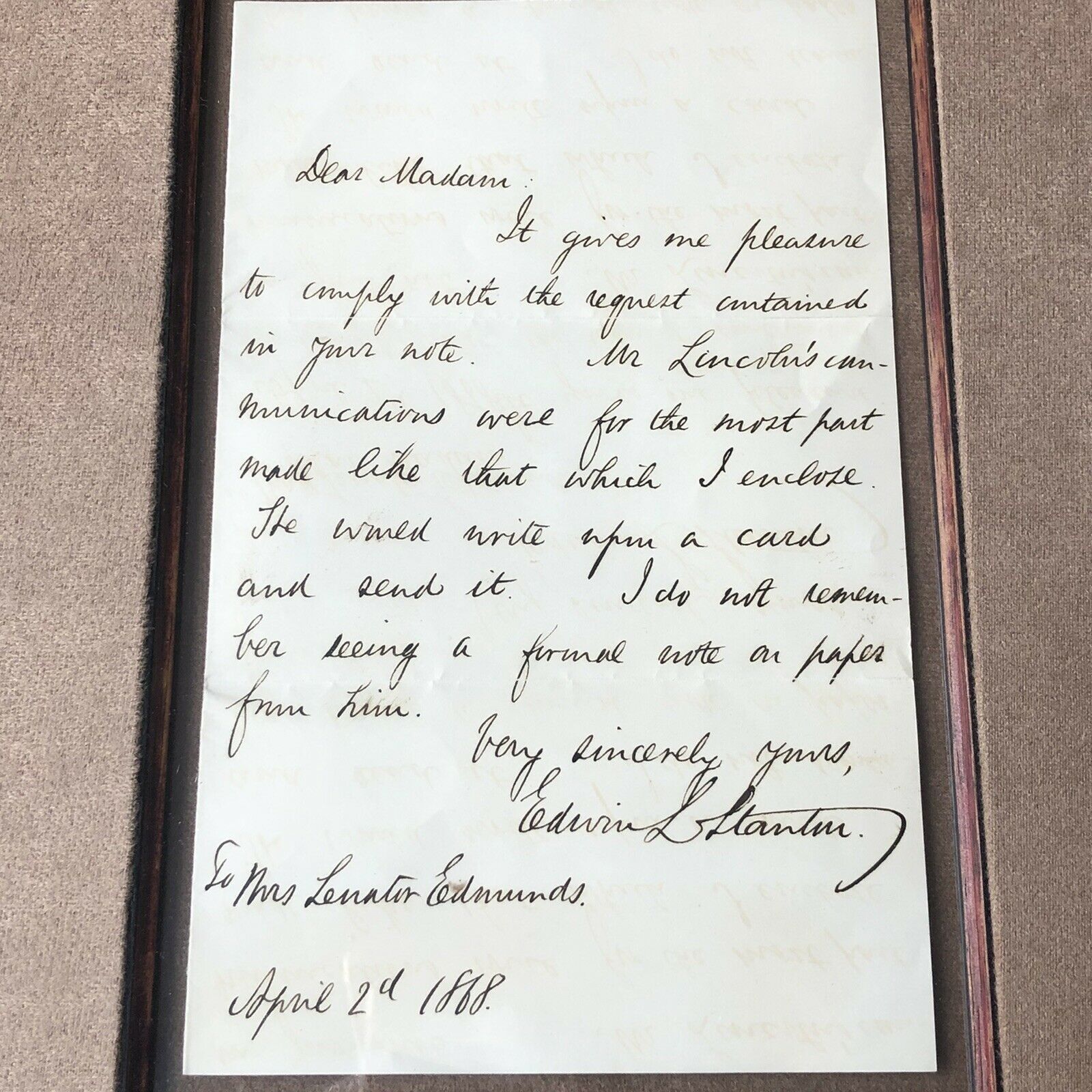 ABRAHAM LINCOLN * BAS 10 * Autograph Card Signed From EDWIN STANTON Collection
