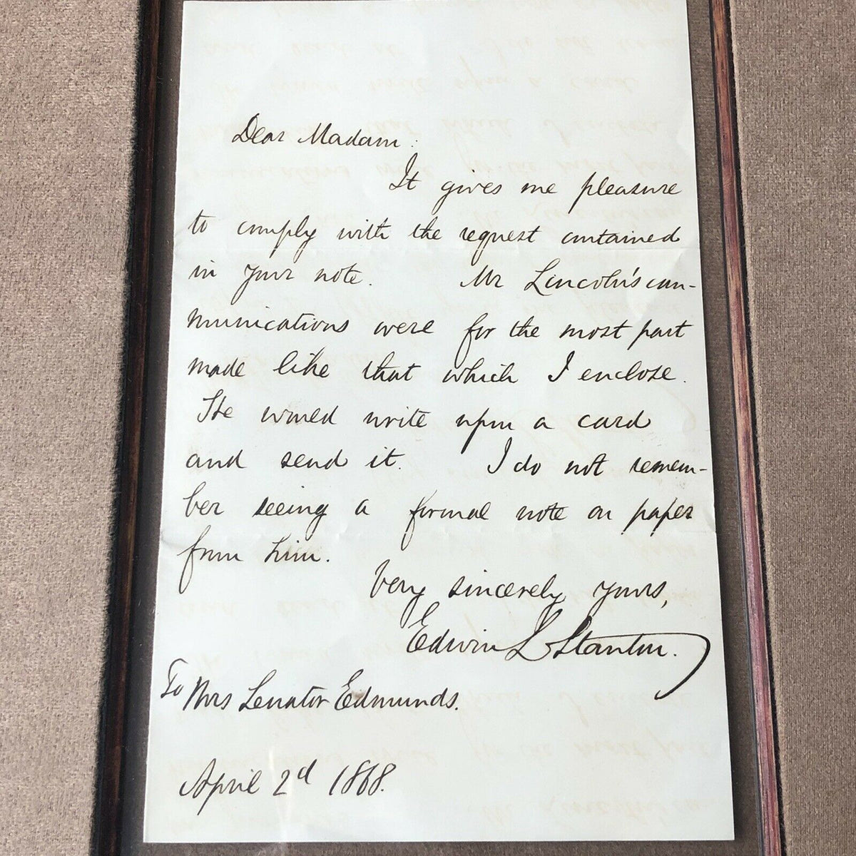 ABRAHAM LINCOLN * BAS 10 * Autograph Card Signed From EDWIN STANTON Collection