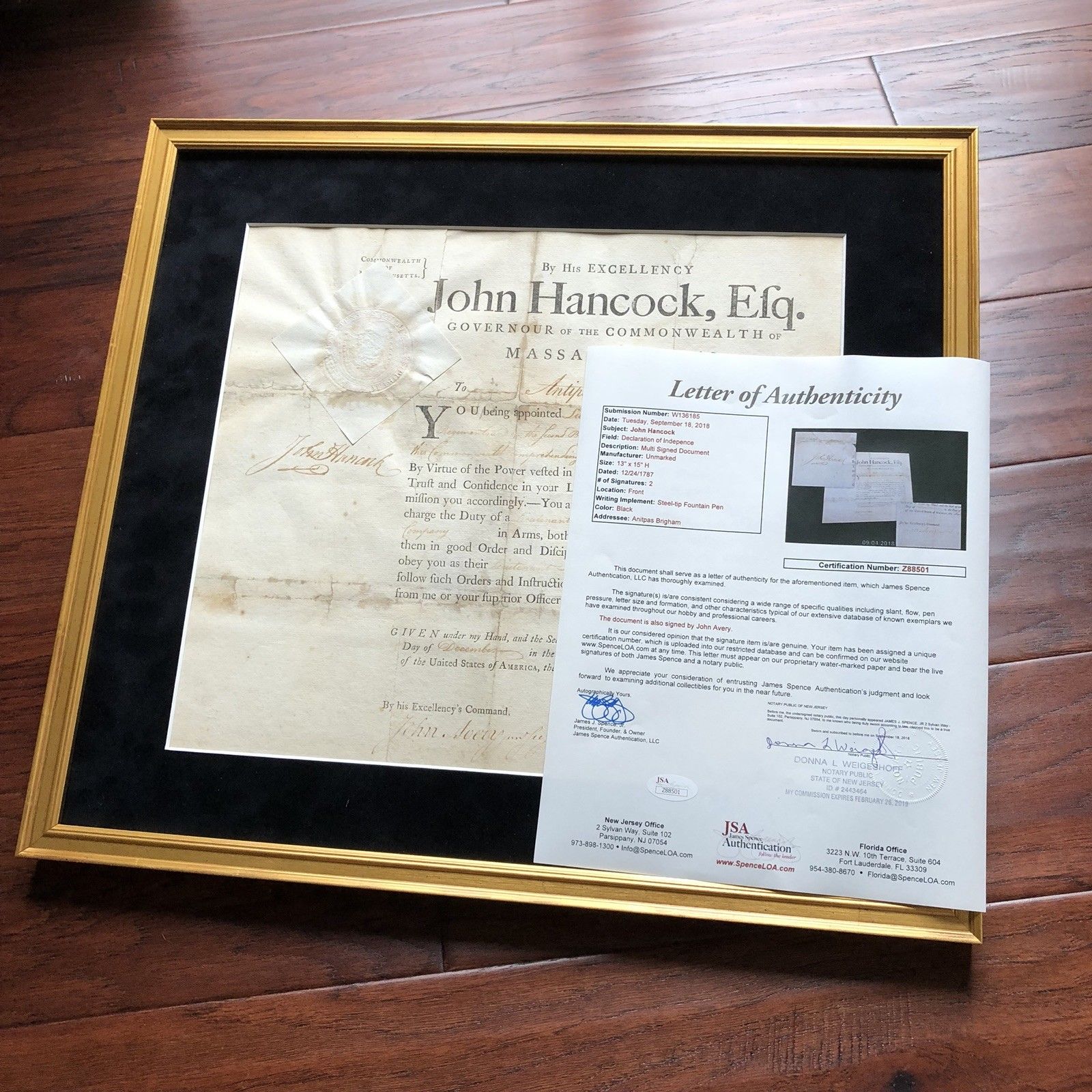 JOHN HANCOCK * JSA LOA * Hand Signed GOVERNORS APPOINTMENT * Signer Autograph