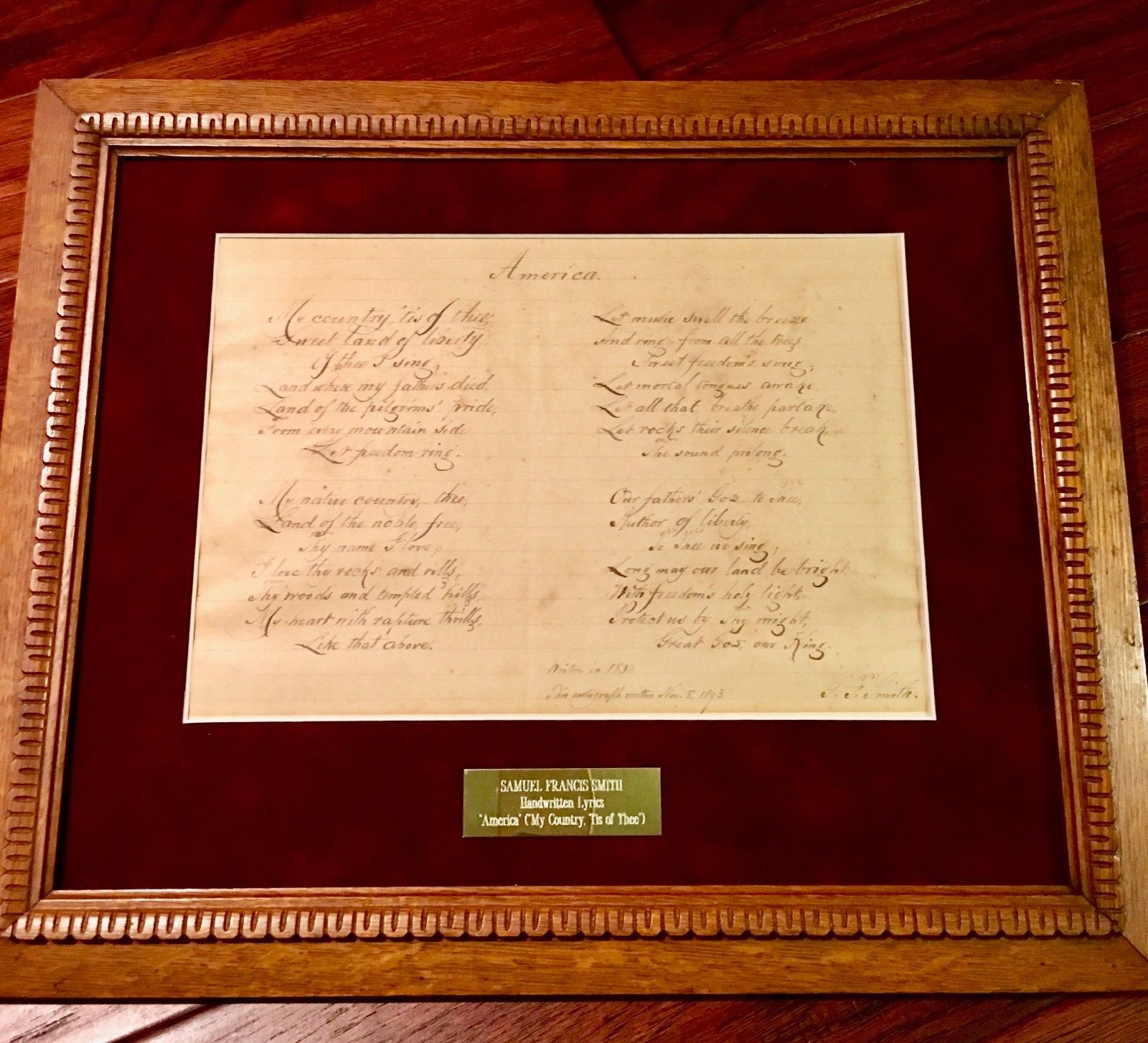 SAMUEL FRANCIS SMITH "America" / My Country 'Tis of Thee AUTOGRAPH Lyrics Signed