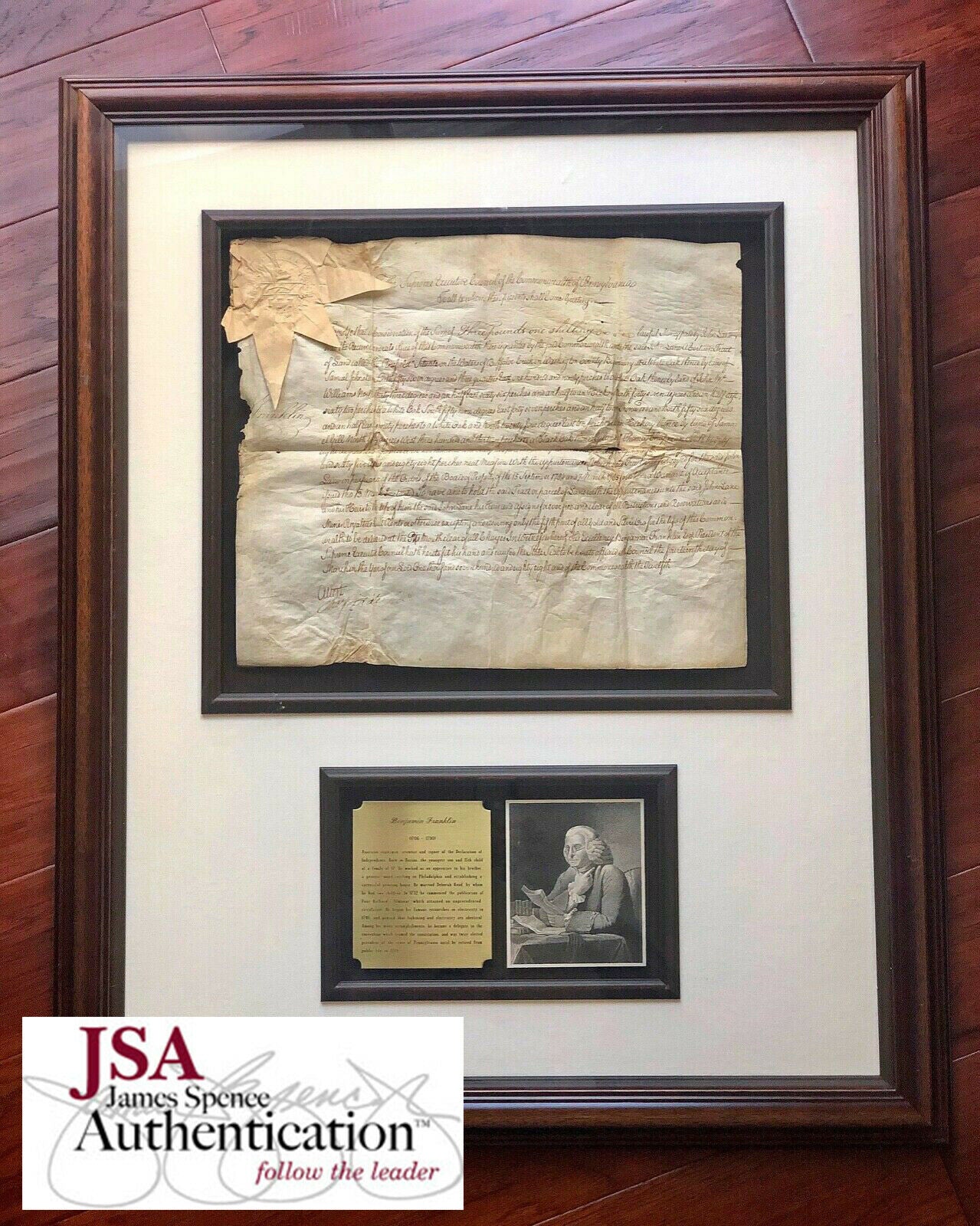 BENJAMIN FRANKLIN * JSA LOA * AUTOGRAPH PA Land Grant Display SIGNED * Ben
