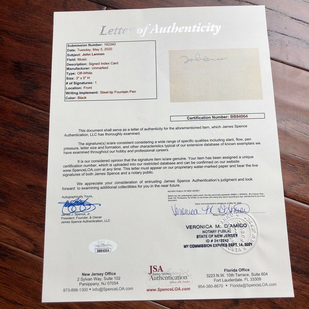 JOHN LENNON * JSA LOA * Signed Card While Recording Imagine * Beatles Autograph