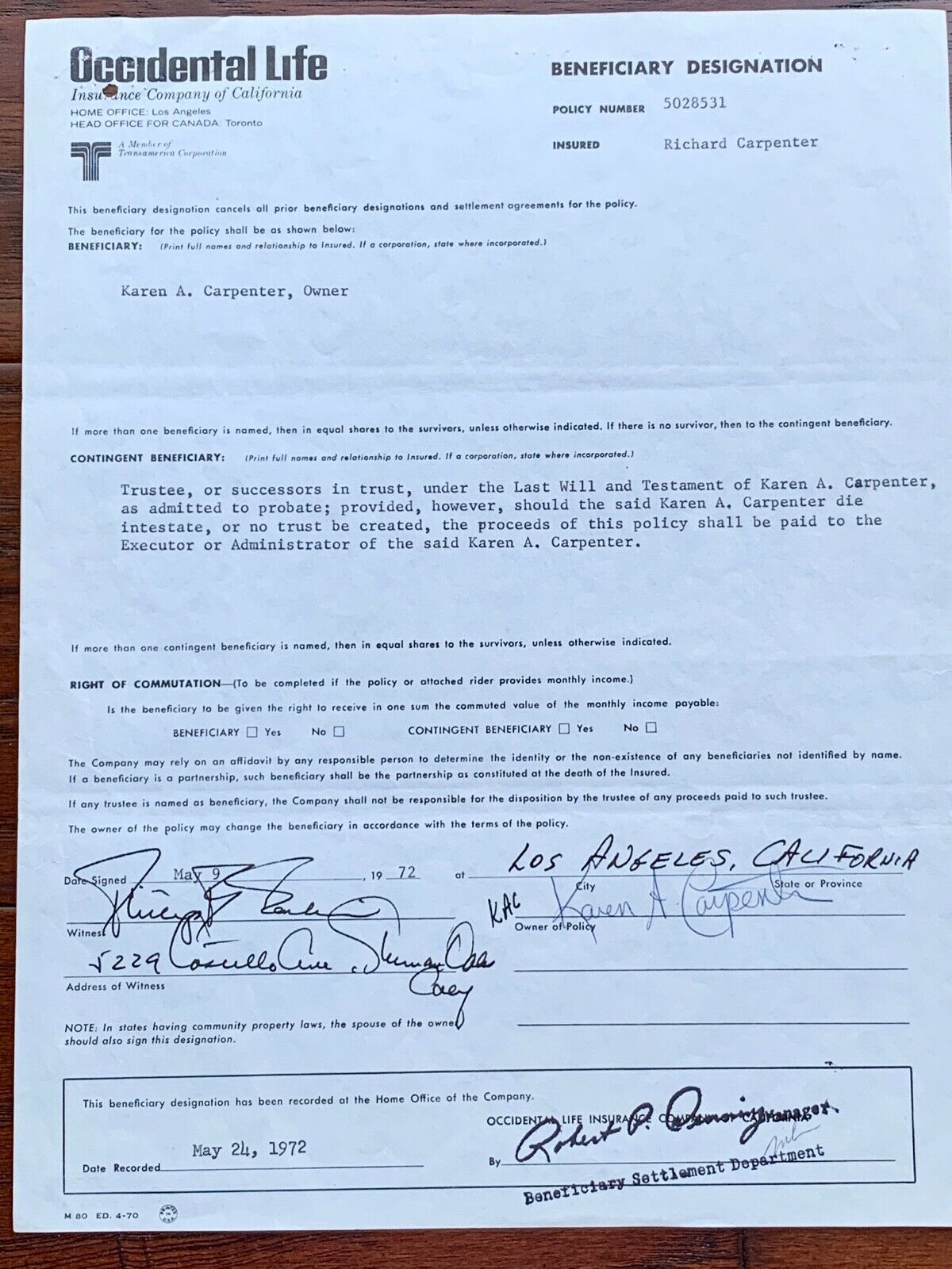 THE CARPENTERS * JSA * Karen's LIFE INSURANCE Beneficiary Form Autograph SIGNED