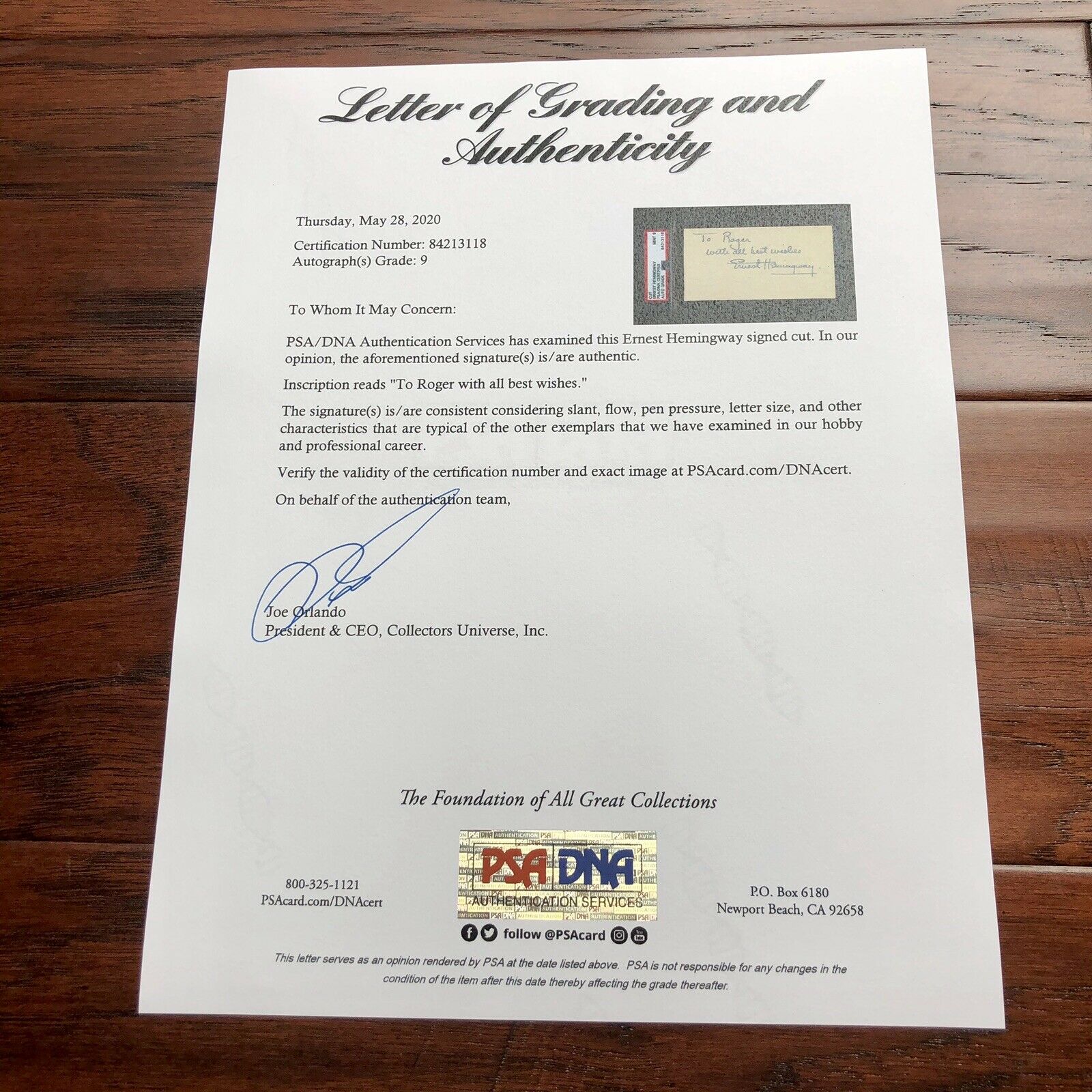 ERNEST HEMINGWAY * PSA/DNA Mint 9 * Hand Signed Autograph Card * Book Author
