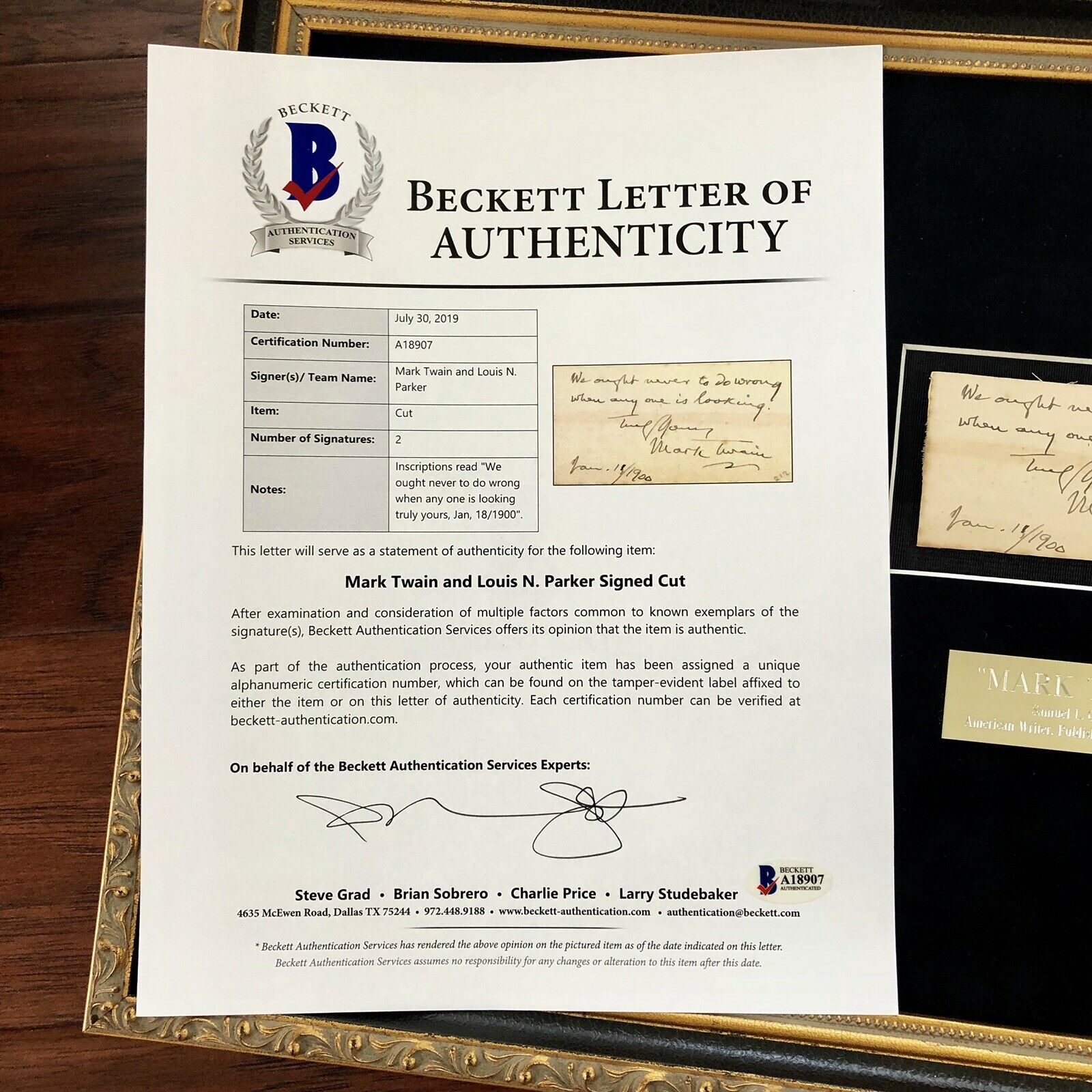MARK TWAIN / SAMUEL L. CLEMENS * BAS Beckett LOA * Hand Signed Autograph Quote *