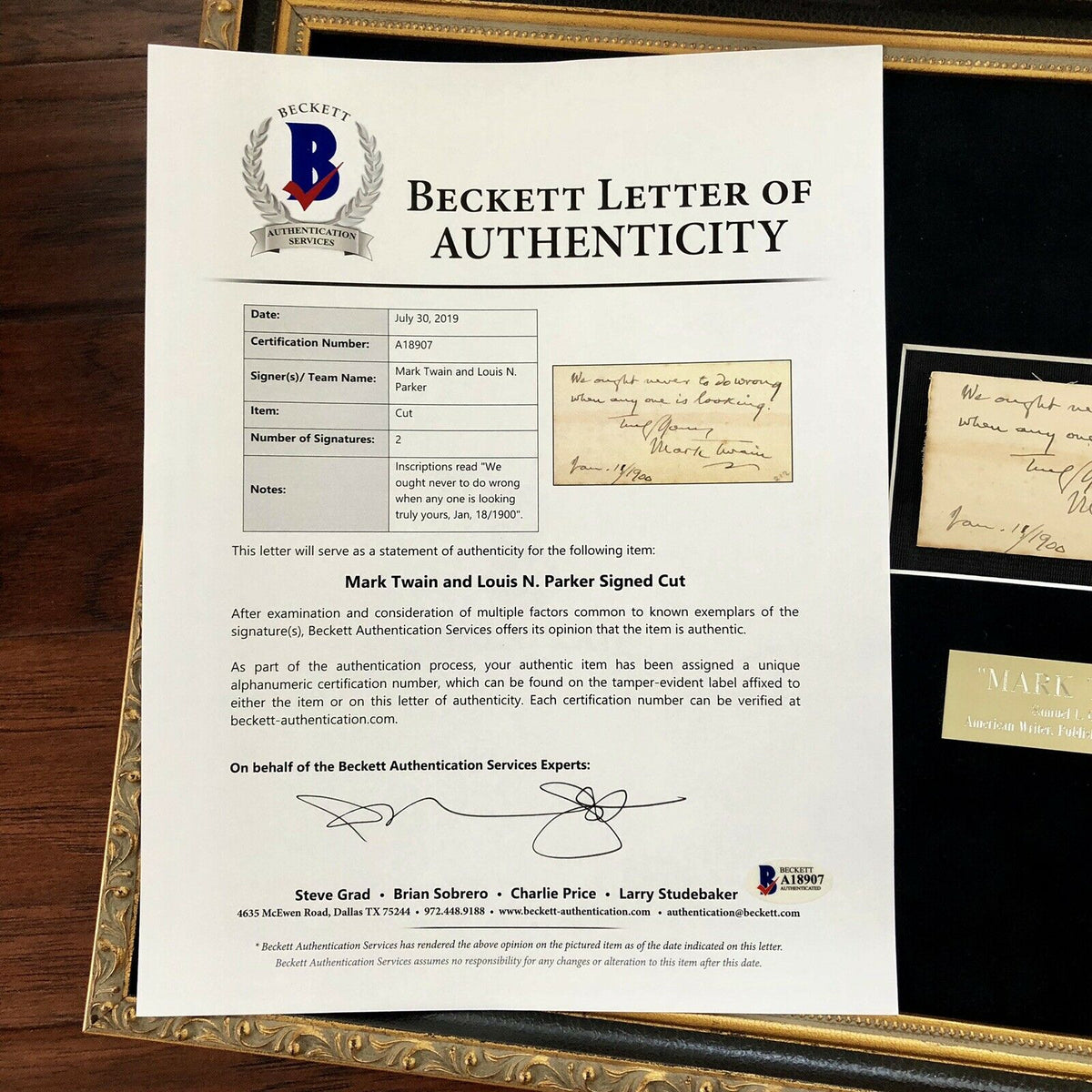 MARK TWAIN / SAMUEL L. CLEMENS * BAS Beckett LOA * Hand Signed Autograph Quote *