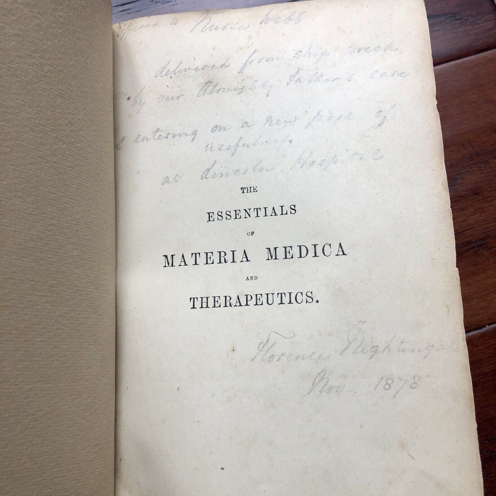 FLORENCE NIGHTINGALE * JSA * Autograph Medical Book Signed to Shipwreck Nurse *