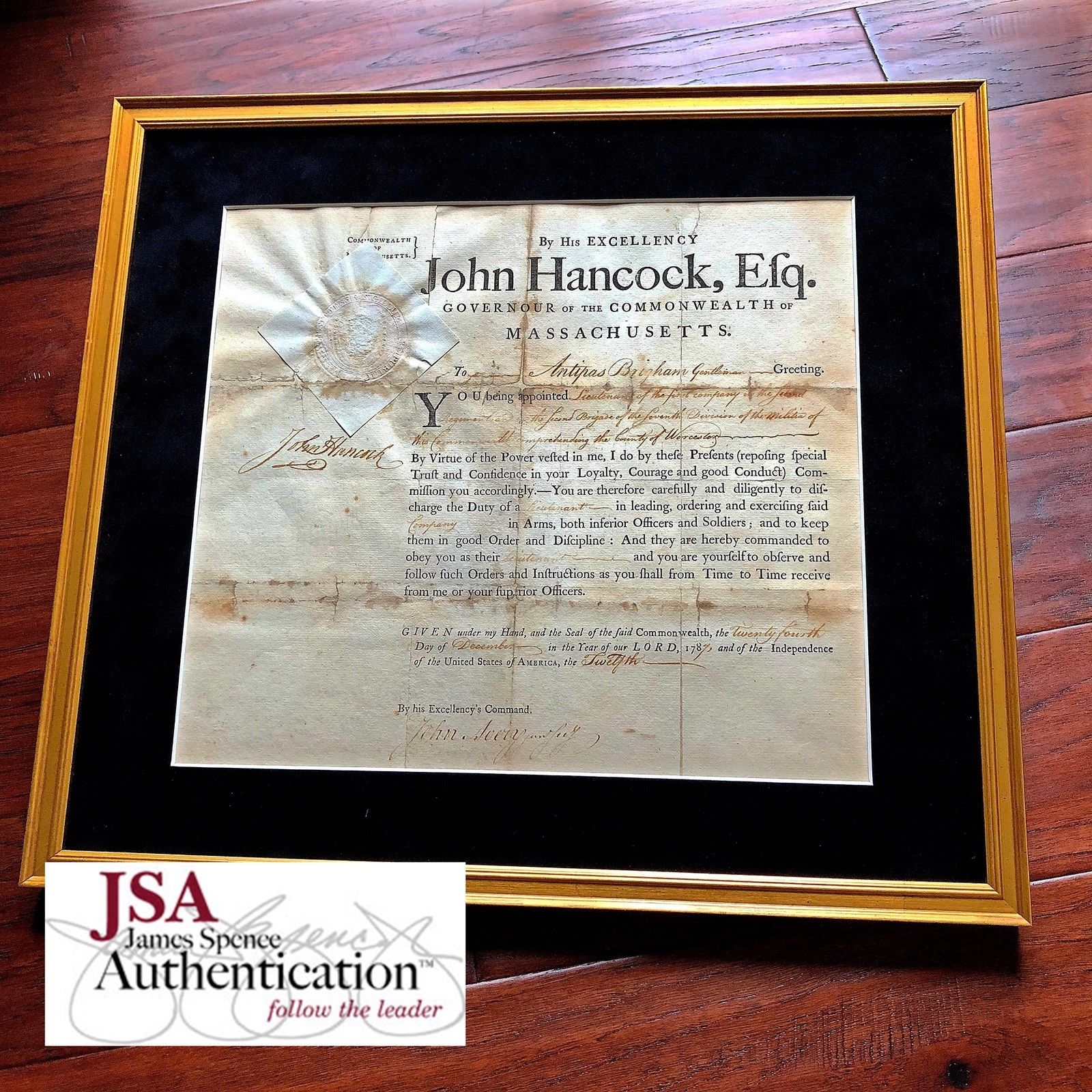 JOHN HANCOCK * JSA LOA * Hand Signed GOVERNORS APPOINTMENT * Signer Autograph
