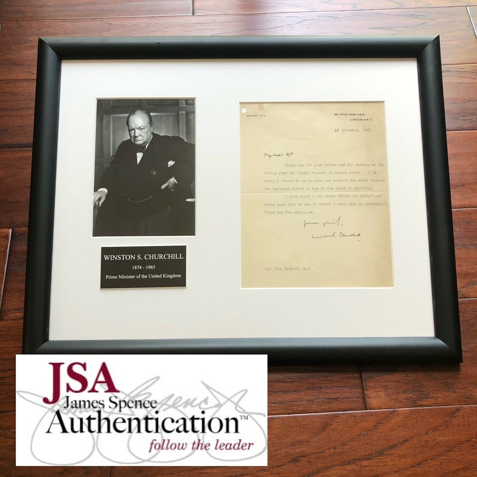 WINSTON S CHURCHILL * JSA LOA * Signed Letter to Playwright Alan P Herbert *