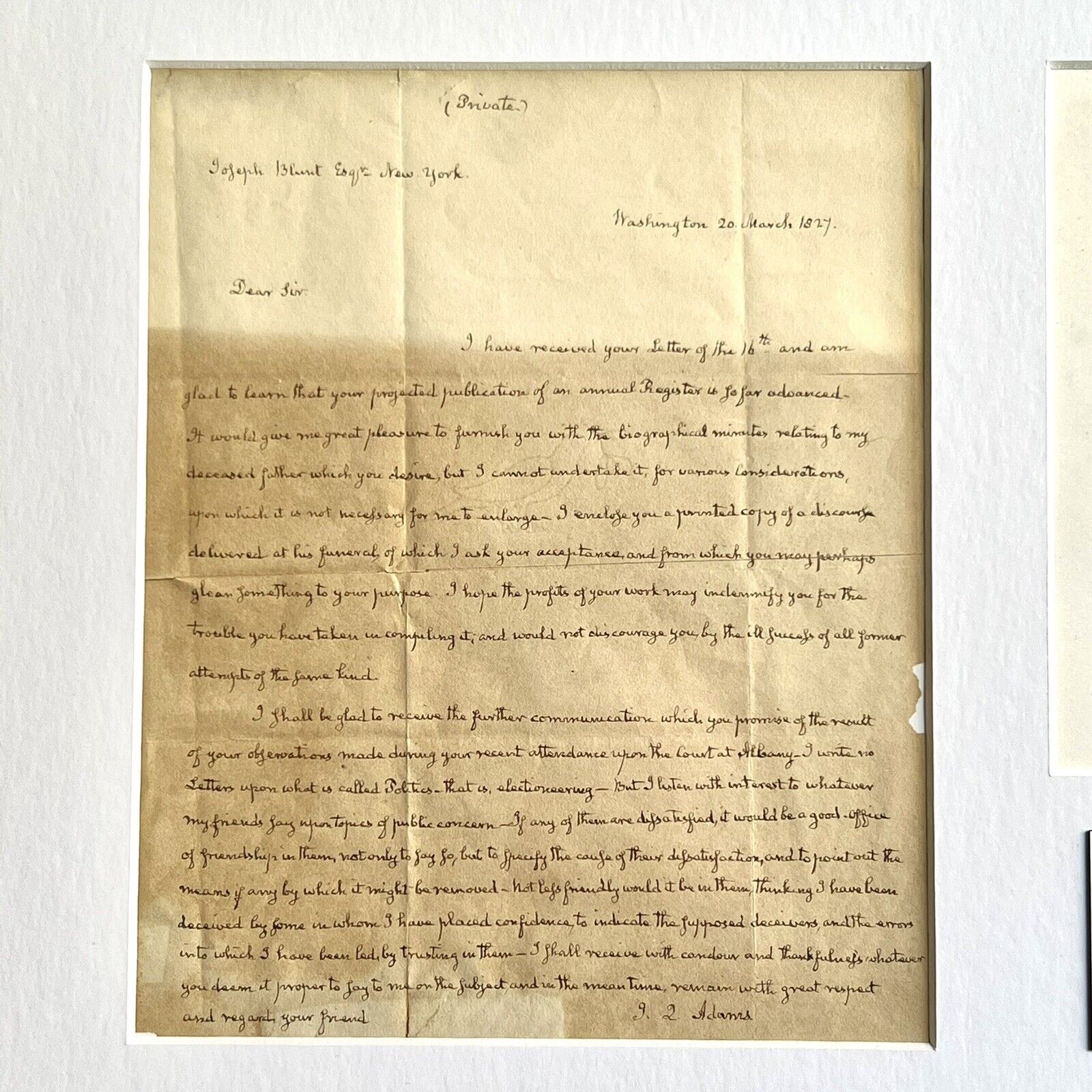JOHN QUINCY ADAMS * Autograph Letter Re Fathers Biography & Van Buren Signed JSA
