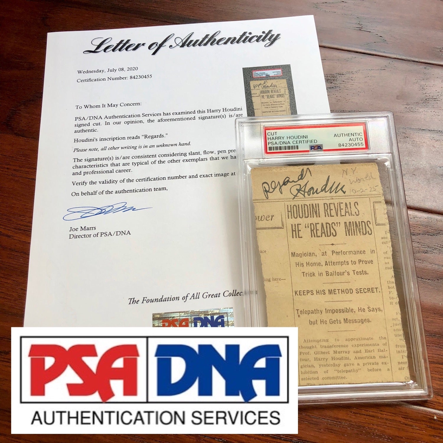 HARRY HOUDINI * PSA/DNA * Autograph Encapsulated Mind Reader Newspaper Signed *