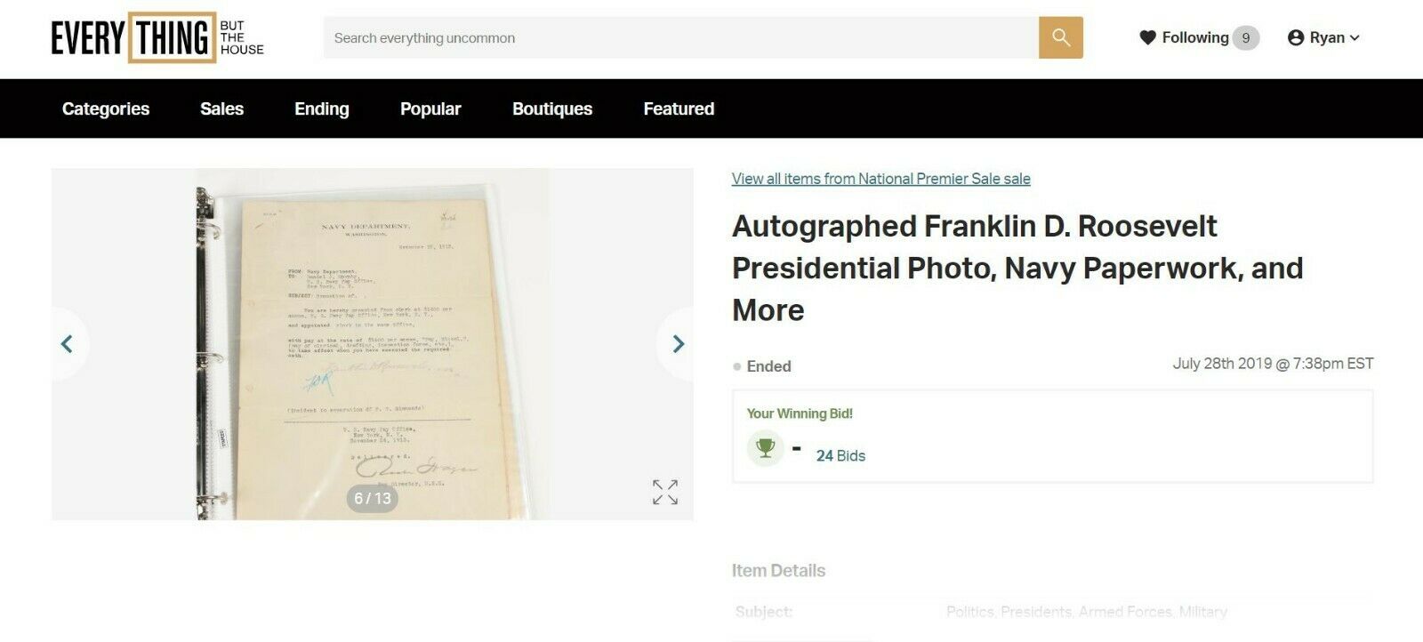 FRANKLIN D. ROOSEVELT * JSA LOA * Hand Signed 1913 Navy Document Autograph * FDR