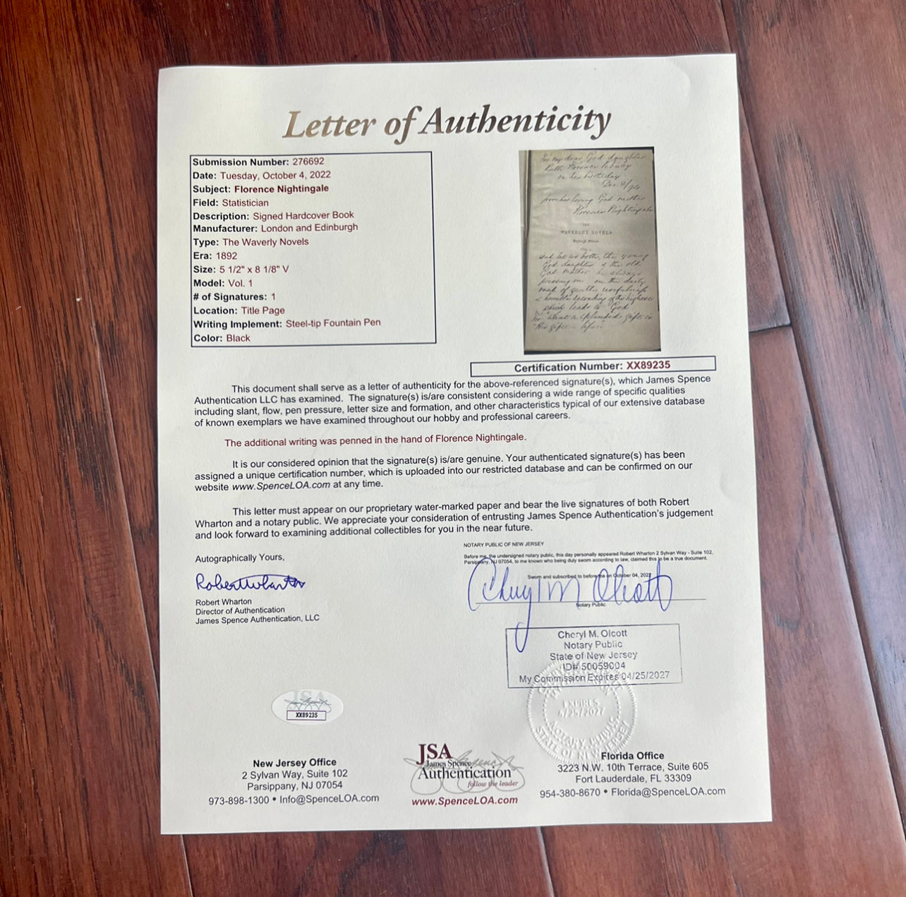 FLORENCE NIGHTINGALE * JSA LOA * Signed Book Gifted to Goddaughter Autograph