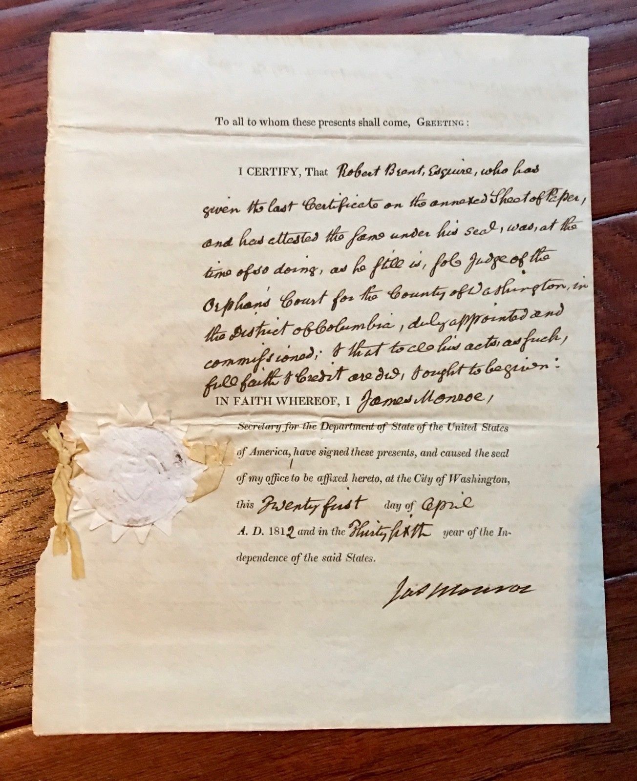 President JAMES MONROE * AUTOGRAPH SIGNED as Secretary of State Certifies Judge
