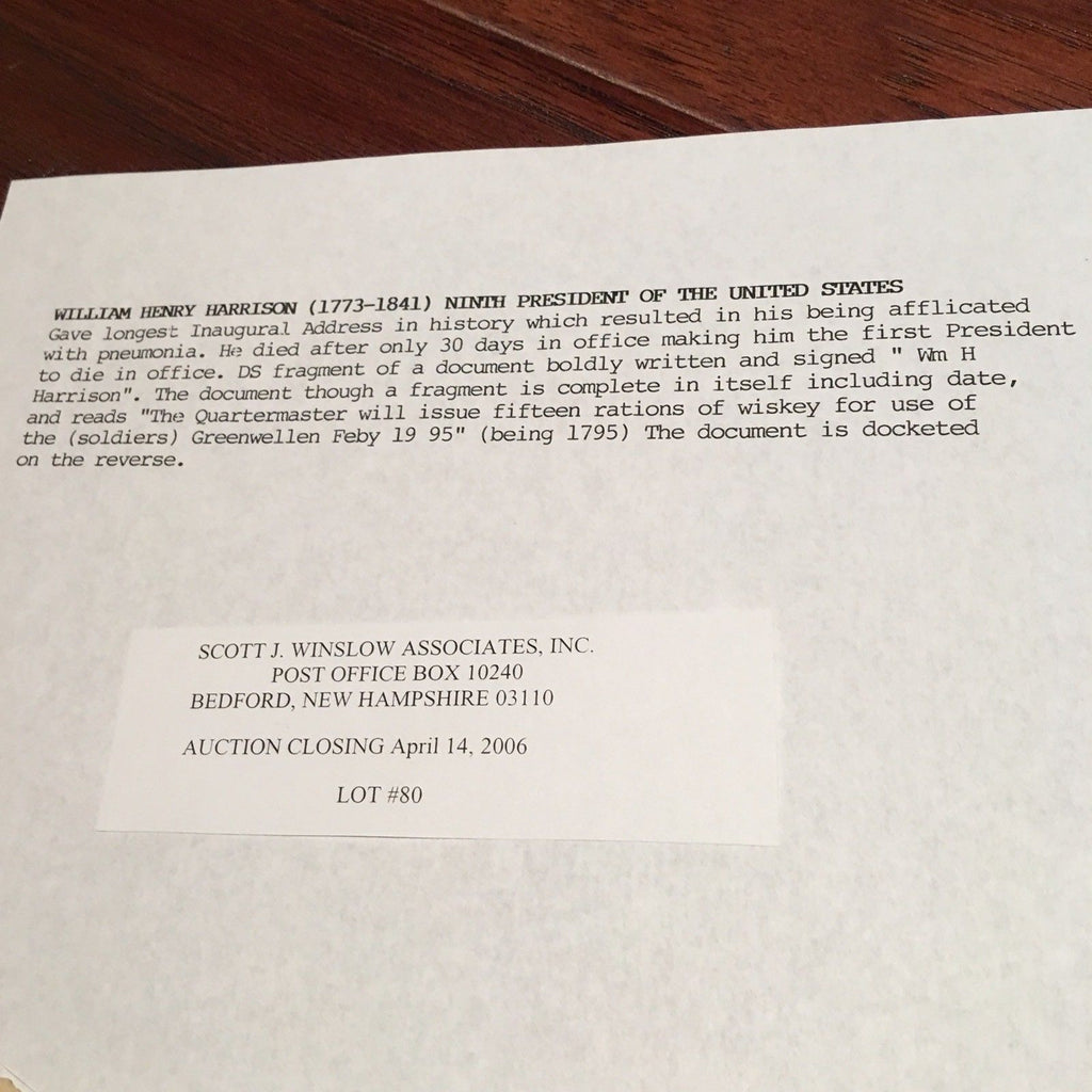 WILLIAM HENRY HARRISON * PSA/DNA * Rare AUTOGRAPH Whiskey Receipt SIGNED
