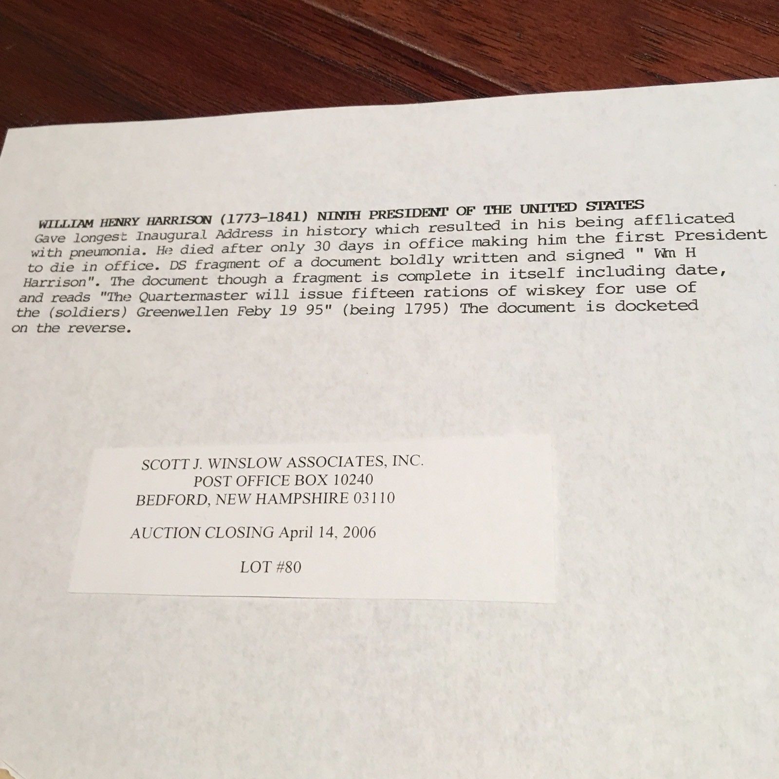 WILLIAM HENRY HARRISON * PSA/DNA * Rare AUTOGRAPH Whiskey Receipt SIGNED
