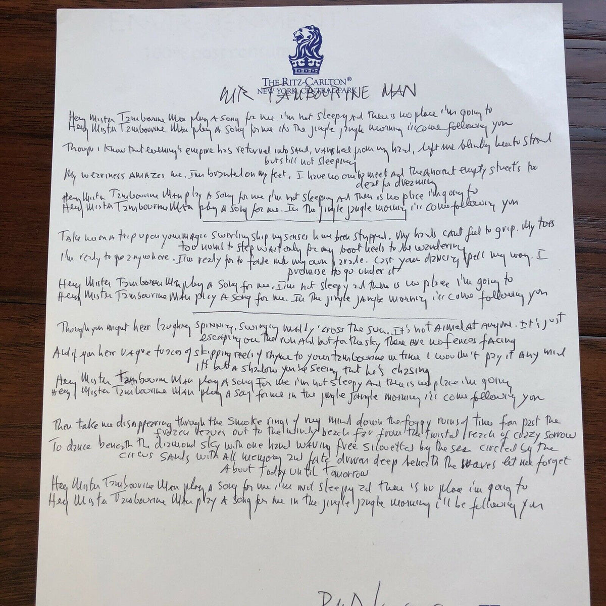 BOB DYLAN * Autograph Signed Handwritten Lyrics Mr Tambourine Man * From Manager