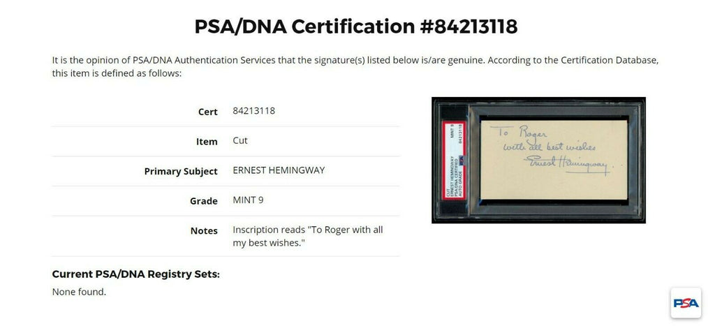 ERNEST HEMINGWAY * PSA/DNA Mint 9 * Hand Signed Autograph Card * Book Author