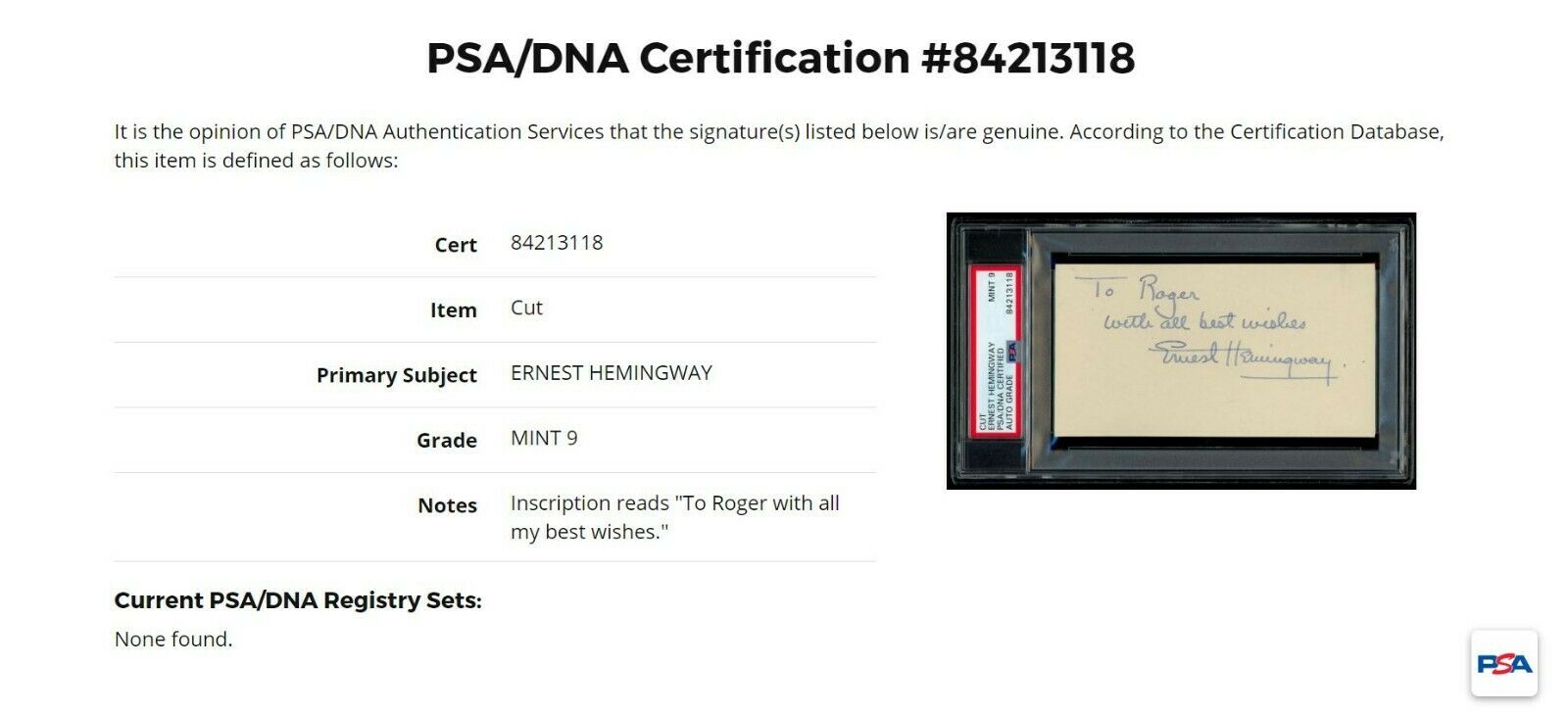 ERNEST HEMINGWAY * PSA/DNA Mint 9 * Hand Signed Autograph Card * Book Author