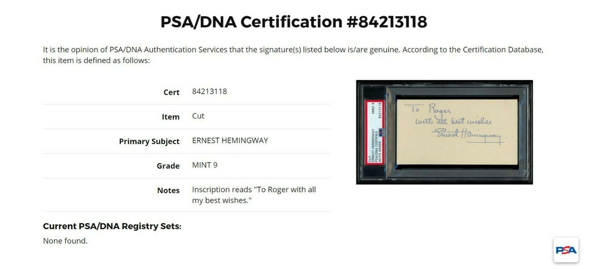 ERNEST HEMINGWAY * PSA/DNA Mint 9 * Hand Signed Autograph Card * Book Author