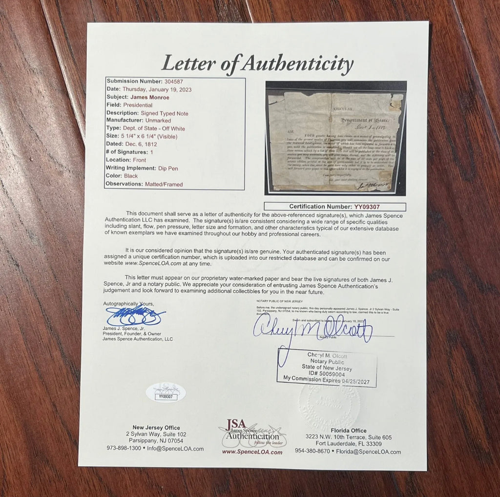 JAMES MONROE * JSA LOA * Autograph Request to Publish Declaration of War Signed