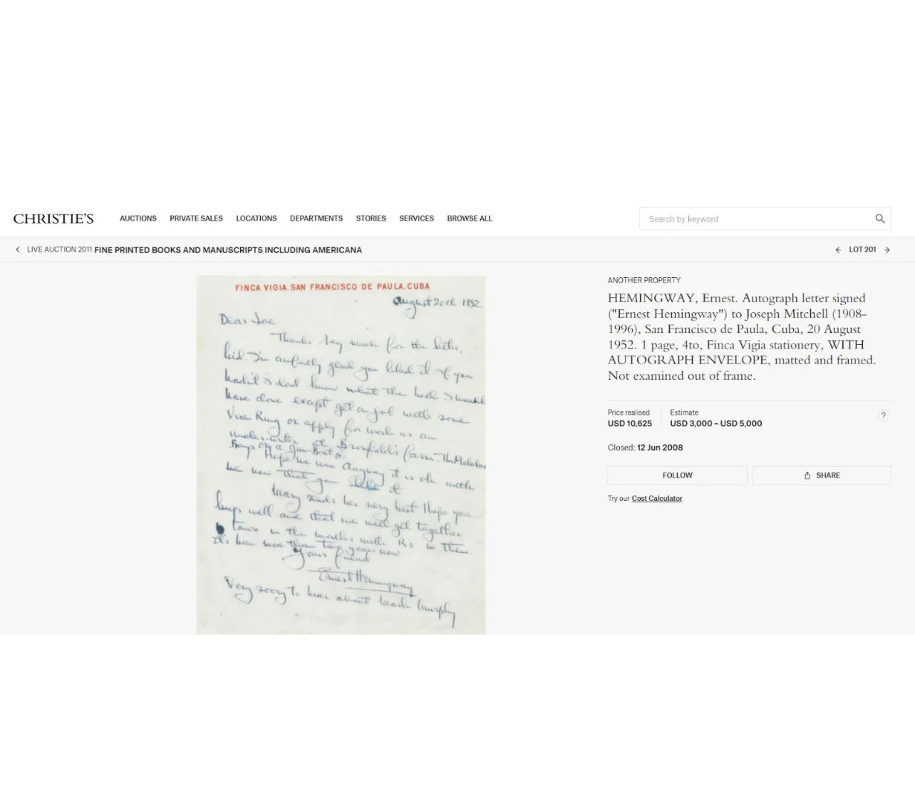 ERNEST HEMINGWAY * PSA/DNA * Autograph Letter Signed Re: "Old Man And The Sea"