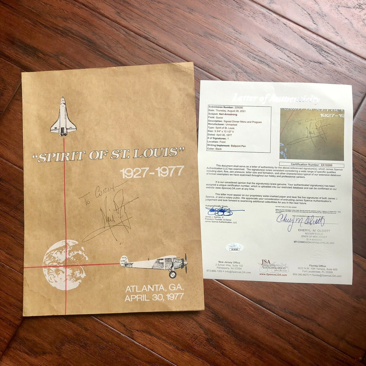 NEIL ARMSTRONG * JSA LOA * Signed Spirit Of St Louis Autograph Program Apollo 11