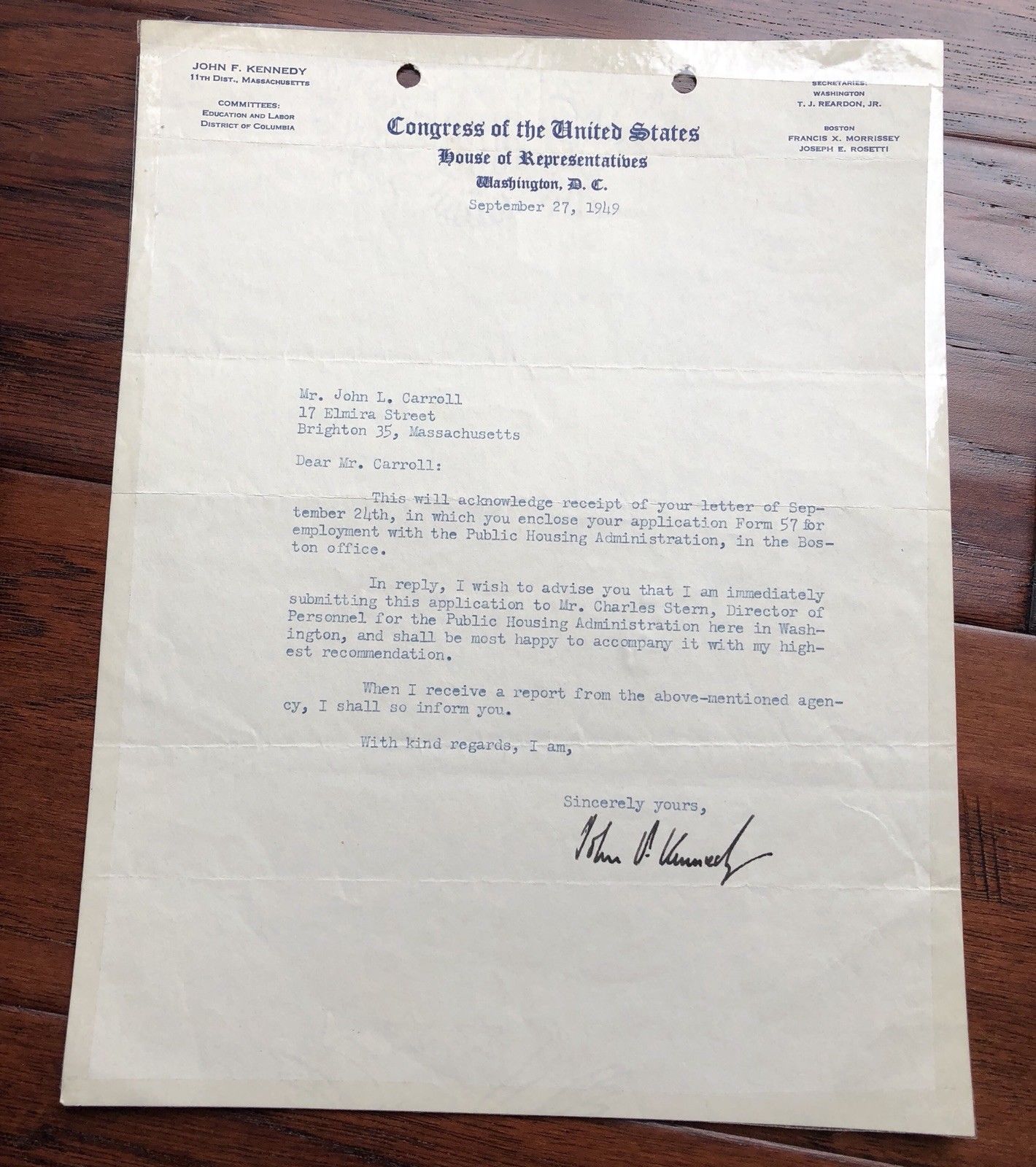JOHN F. KENNEDY * EARLY 1949 Autograph Letter SIGNED * President House of Reps
