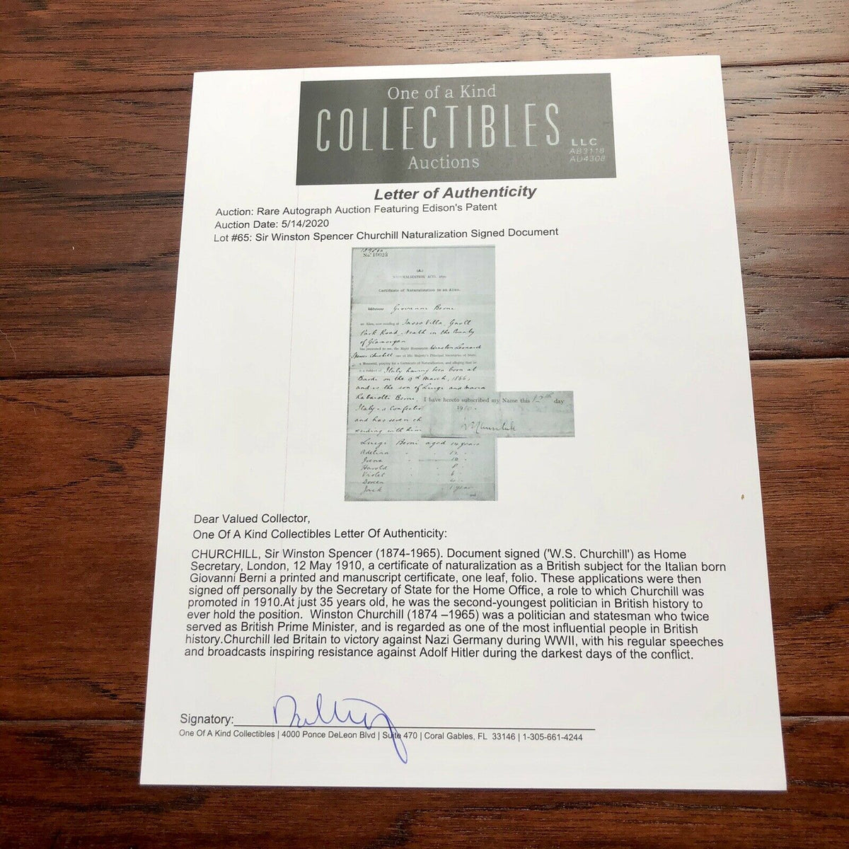 WINSTON S. CHURCHILL * JSA LOA * Hand Signed Naturalization Document Autograph *