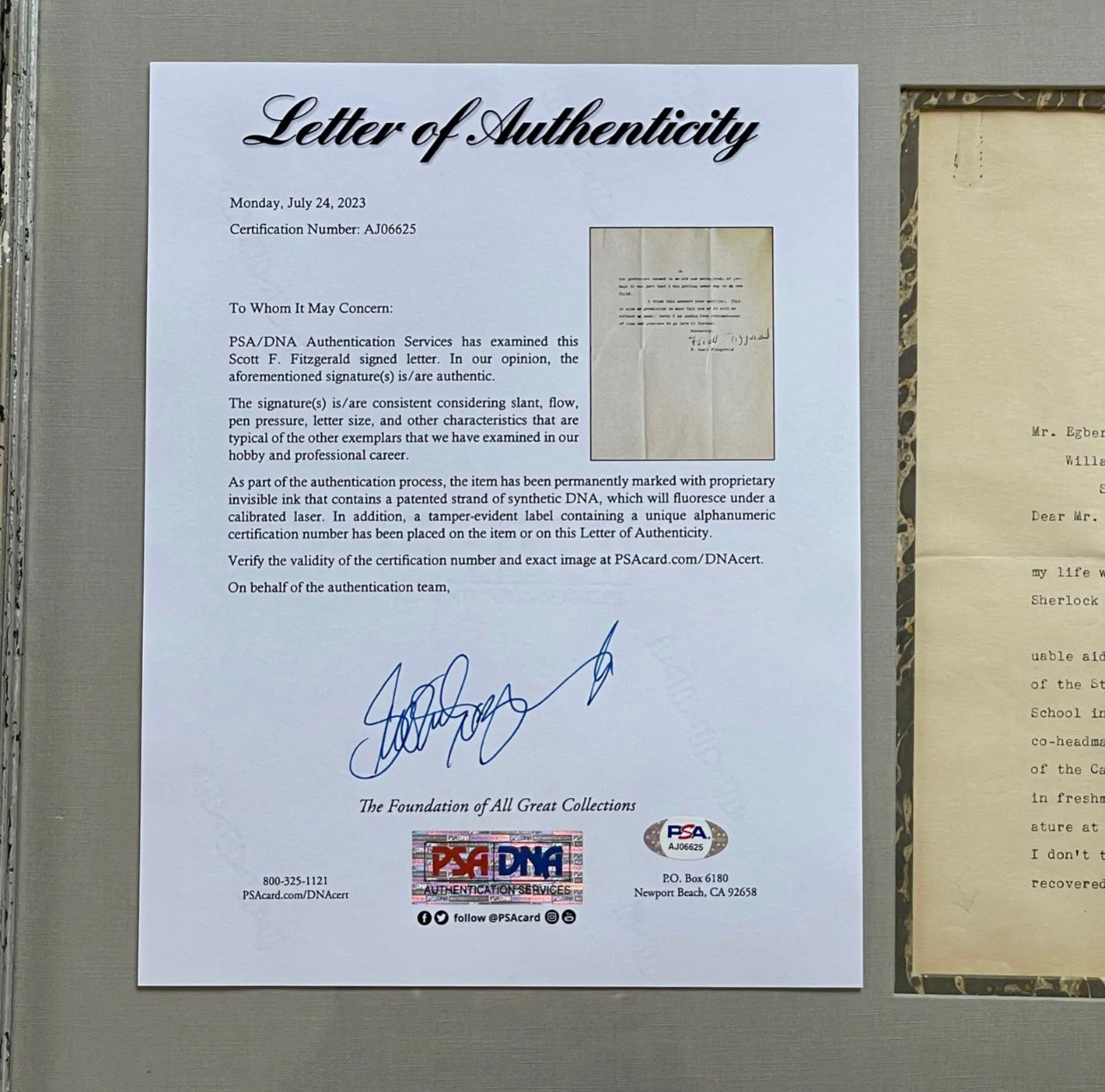 F. SCOTT FITZGERALD * PSA * Autograph Writing Influences Letter Signed * GATSBY