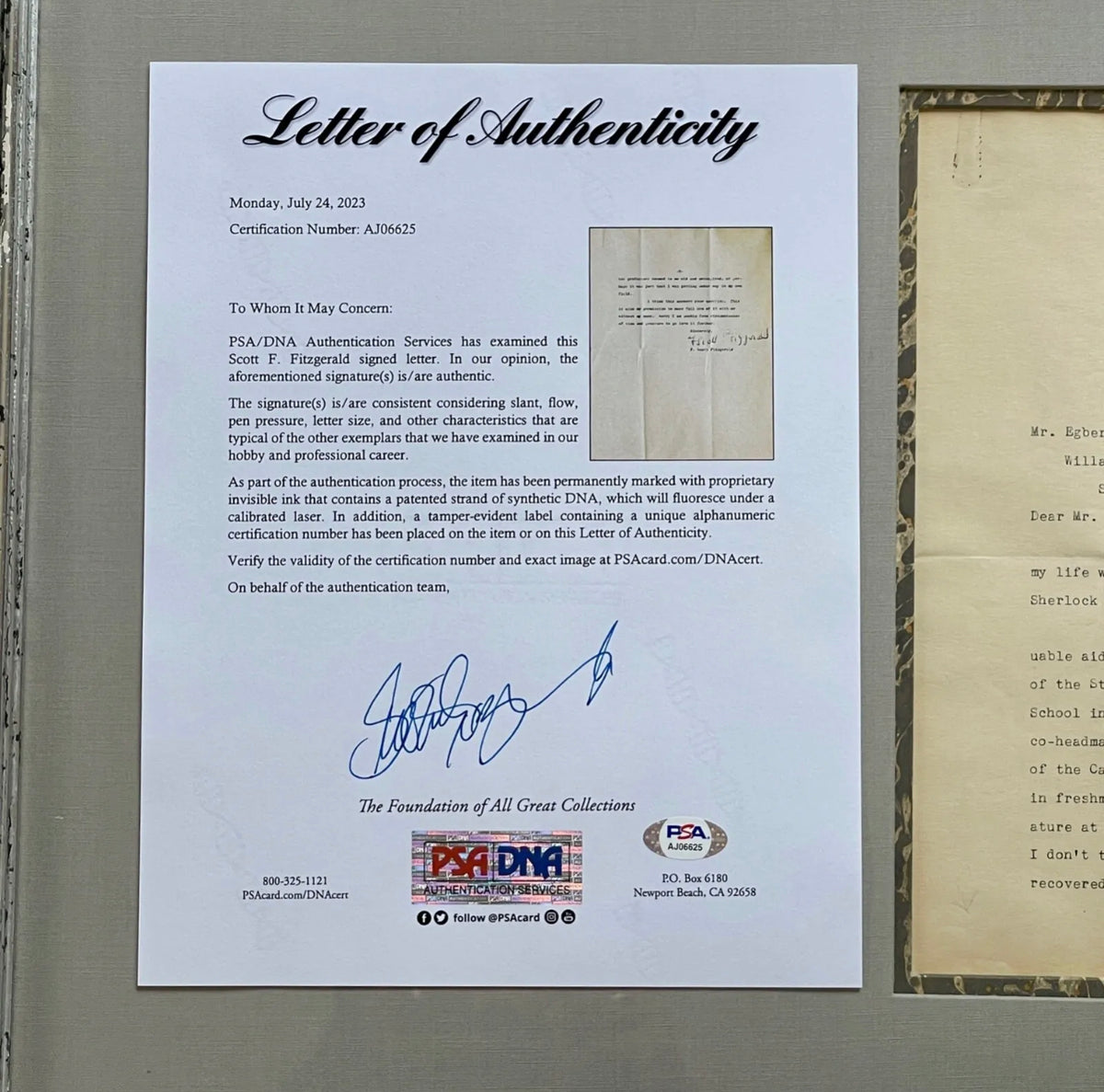 F. SCOTT FITZGERALD * PSA * Autograph Writing Influences Letter Signed * GATSBY