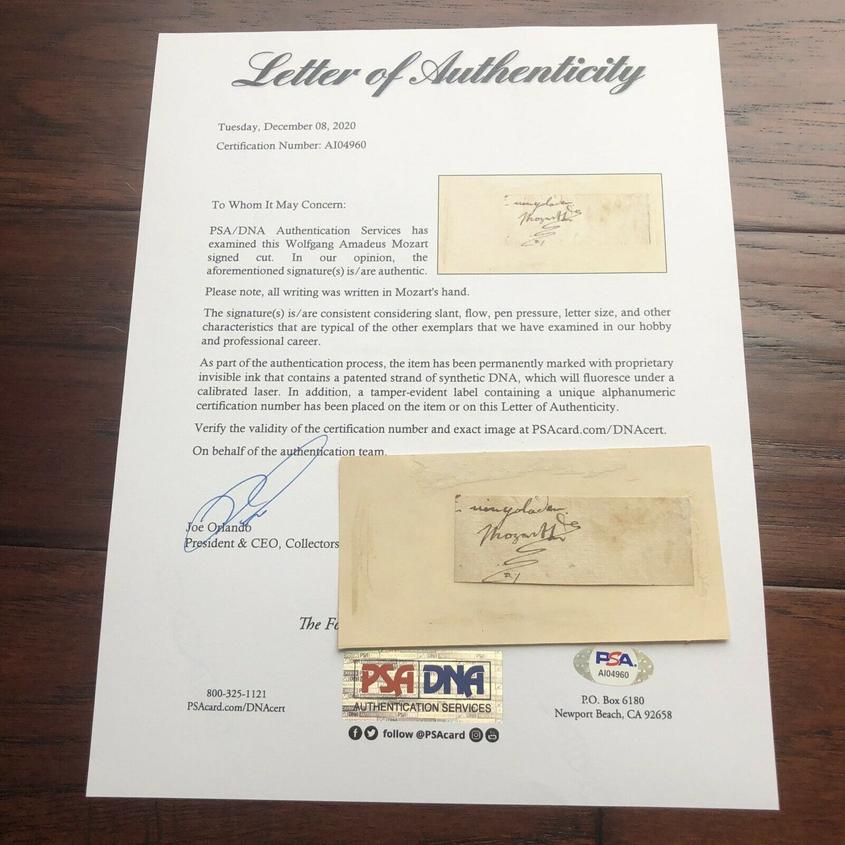 WOLFGANG AMADEUS MOZART * PSA/DNA * Autograph Cut Signature Signed * Requiem