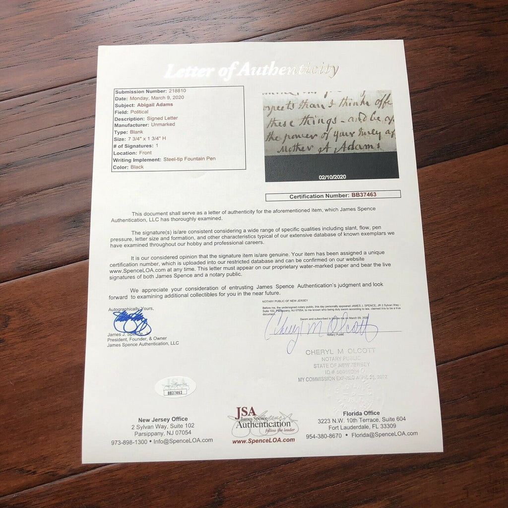 ABIGAIL ADAMS * JSA LOA * Partial Autograph Letter Signed * To John Quincy Adams