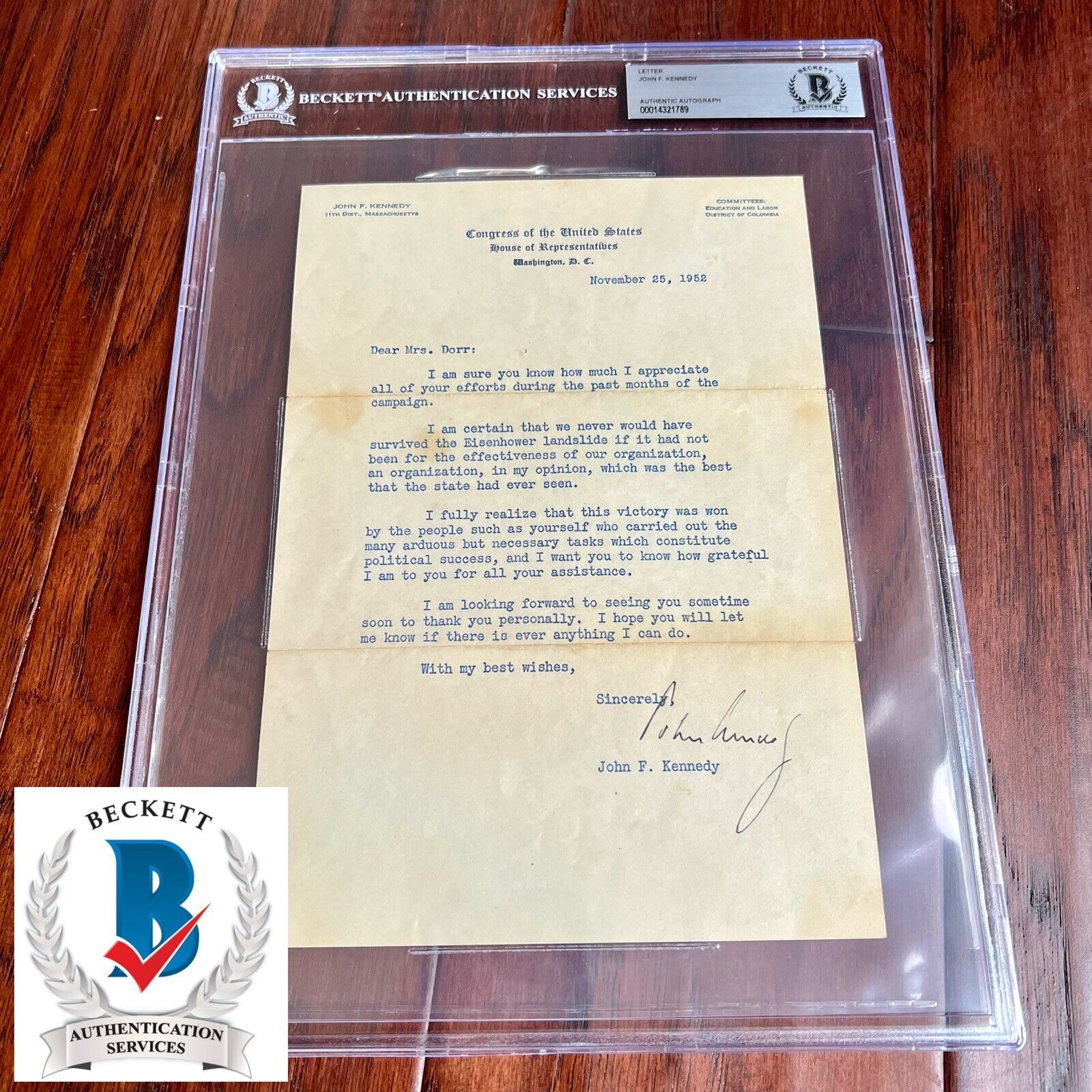 JOHN F. KENNEDY * Beckett BAS * Autograph Senate Letter Re: Eisenhower Signed